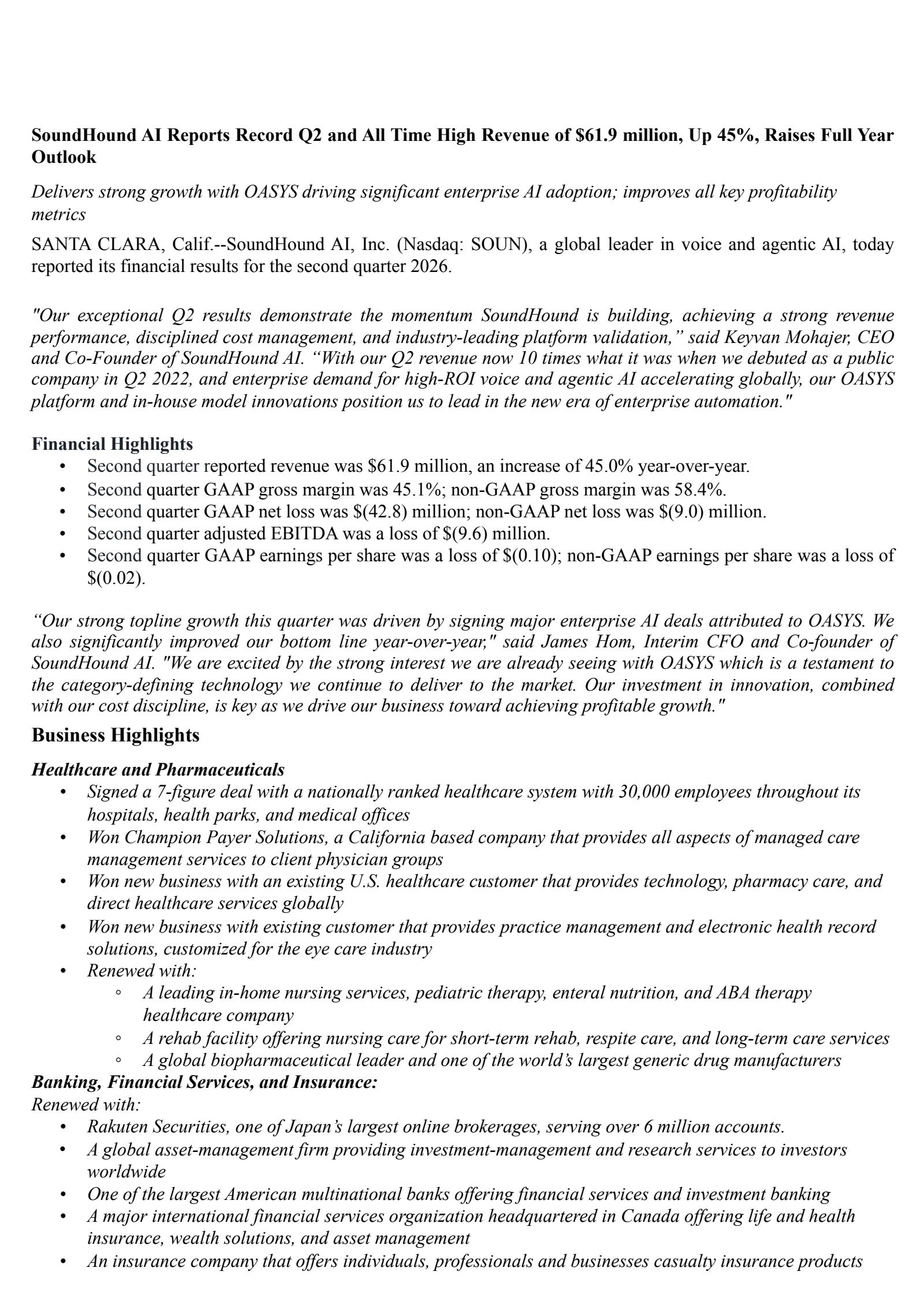 SoundHound AI's Q2 2026 Press Release