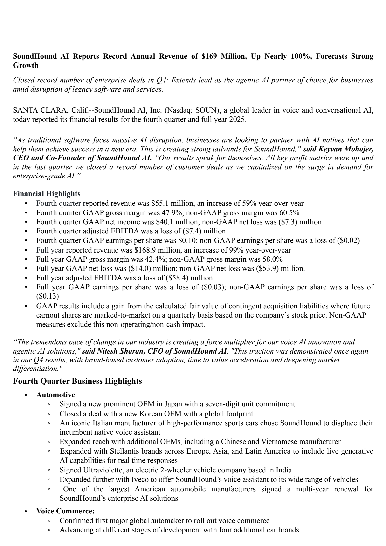 SoundHound AI's Q4 2025 Press Release