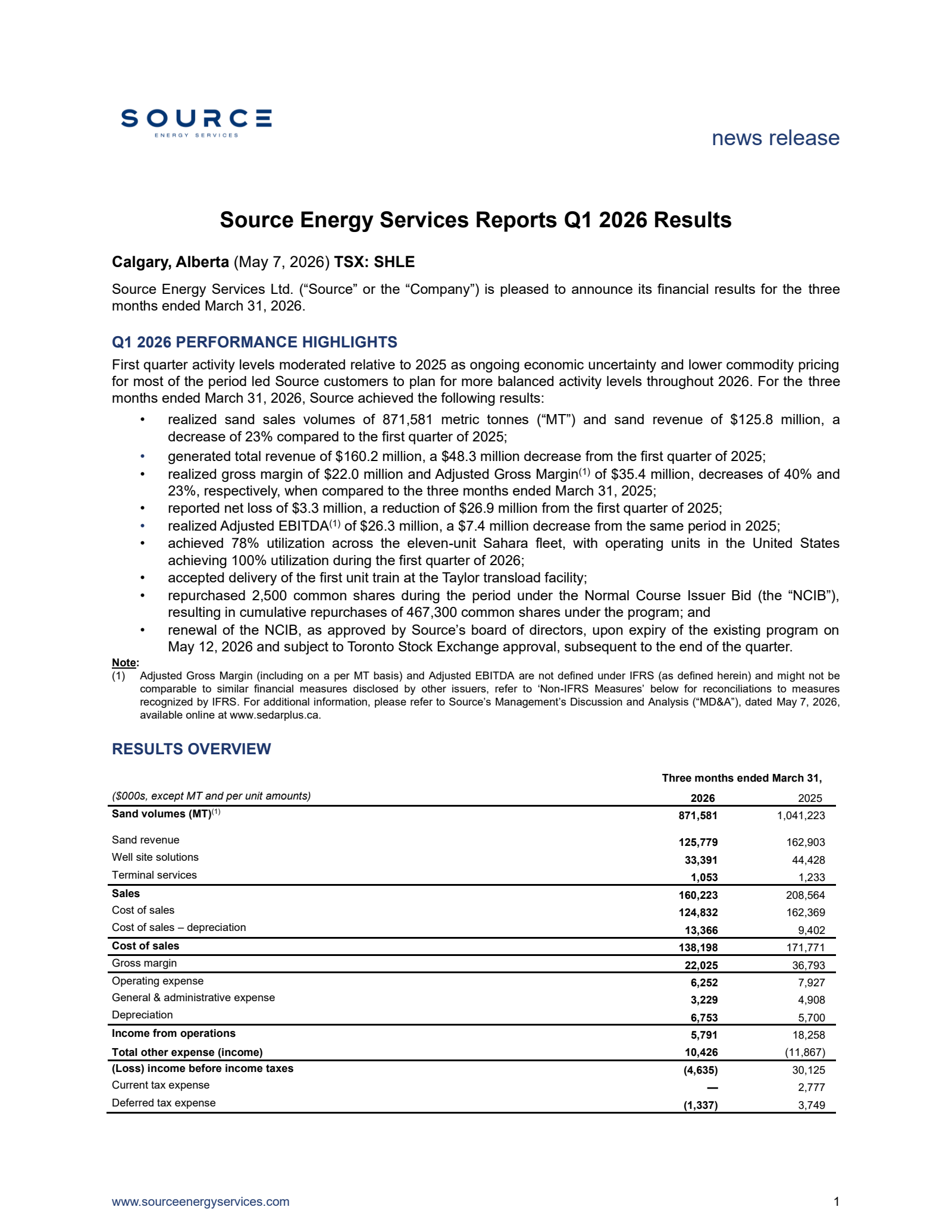 Source Energy Services' Q1 2026 Press Release