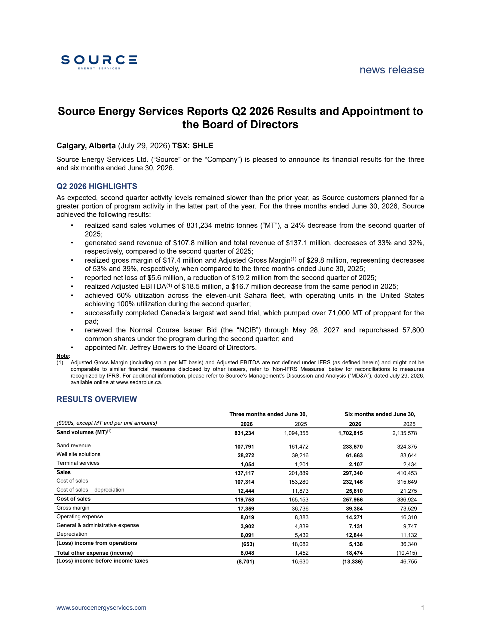 Source Energy Services' Q2 2026 Press Release
