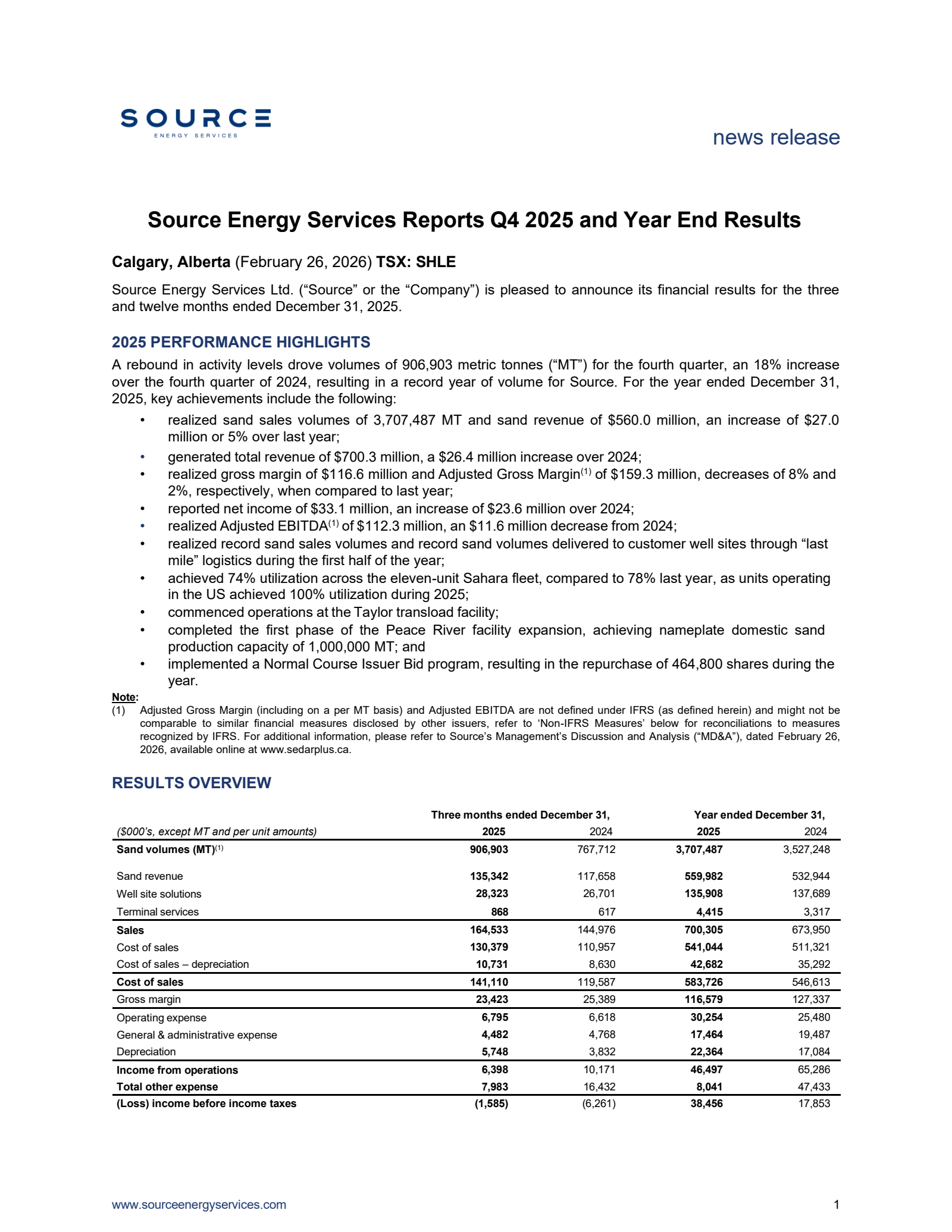 Source Energy Services' Q4 2025 Press Release