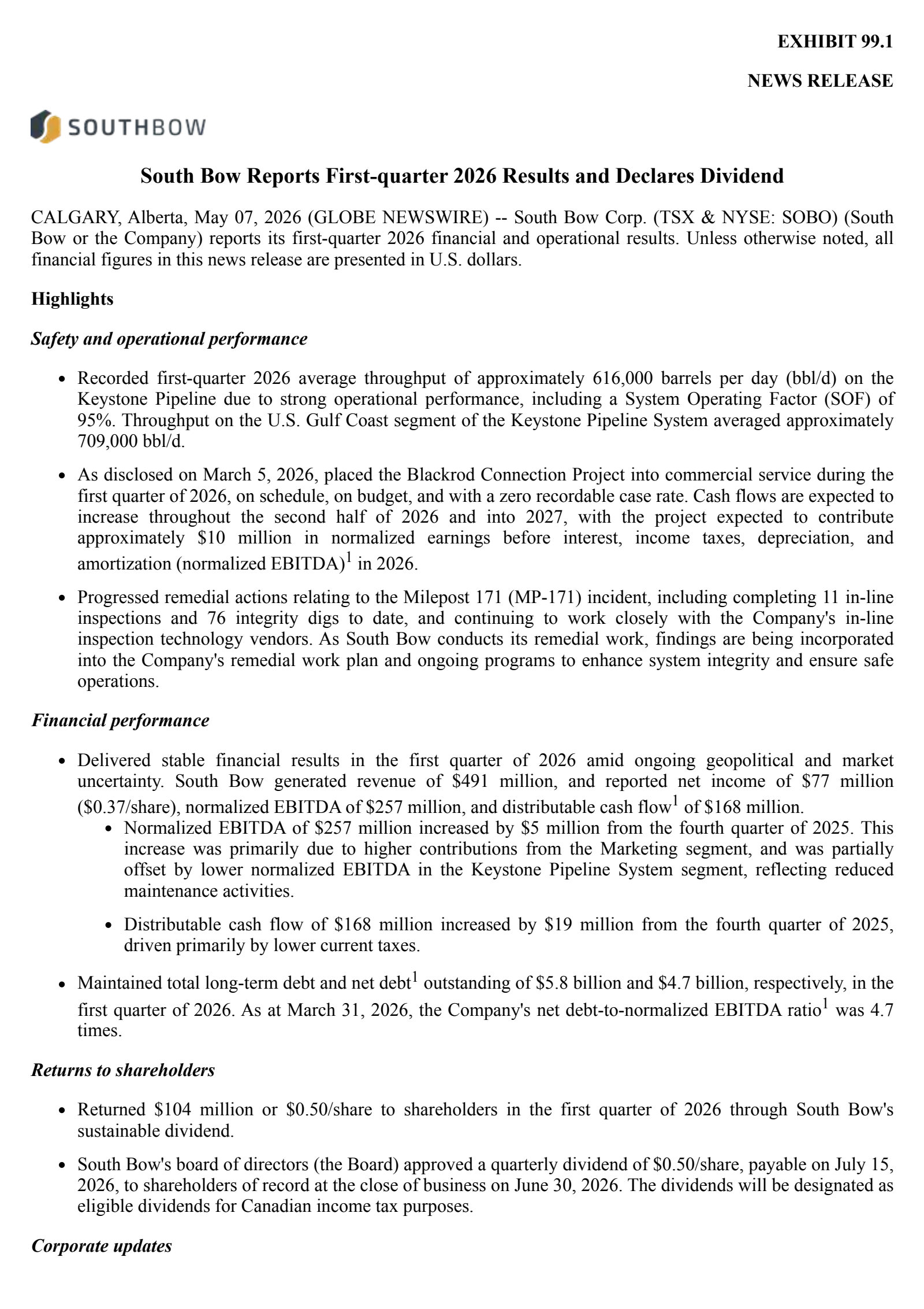 South Bow's Q1 2026 Press Release