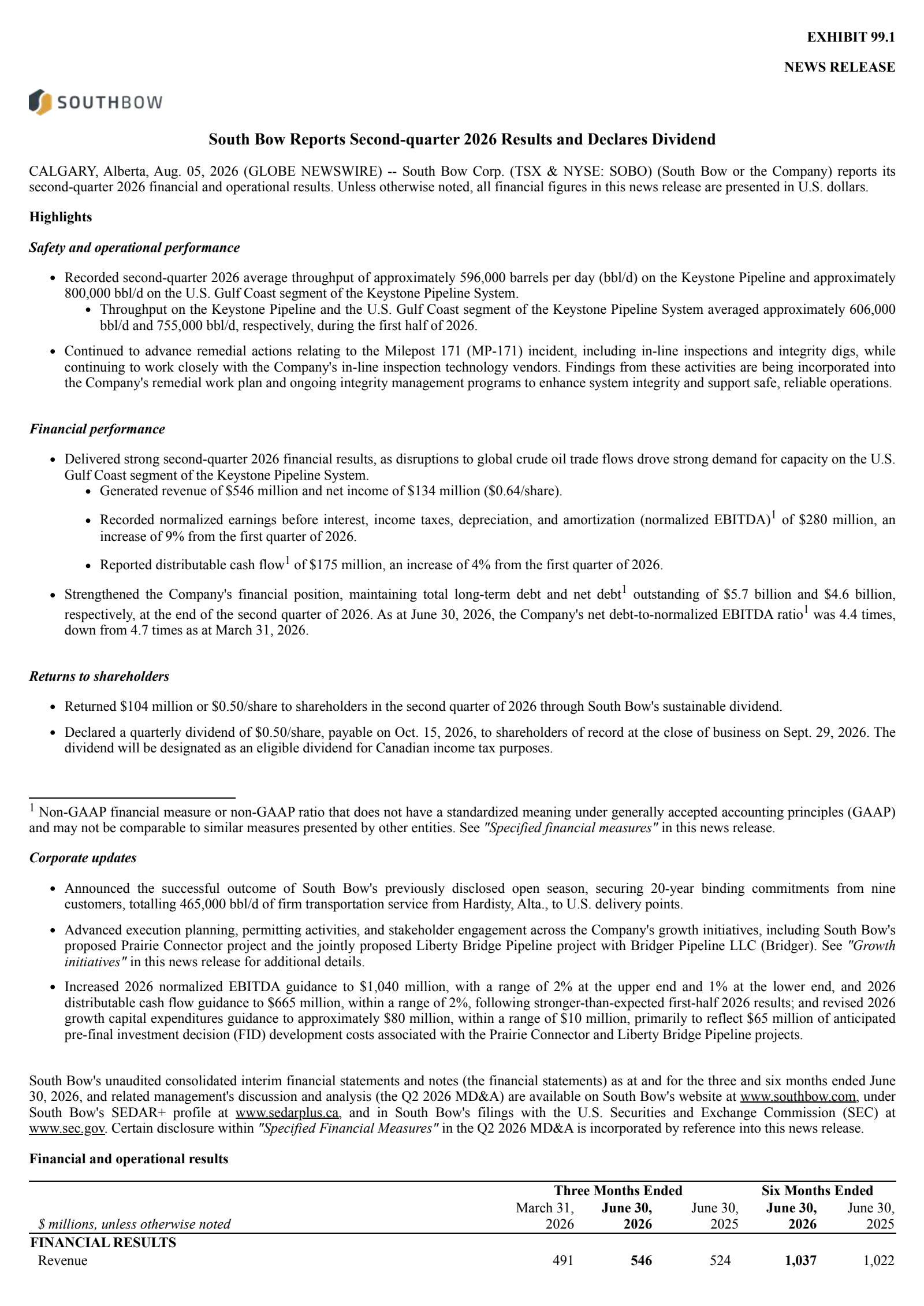 South Bow's Q2 2026 Press Release