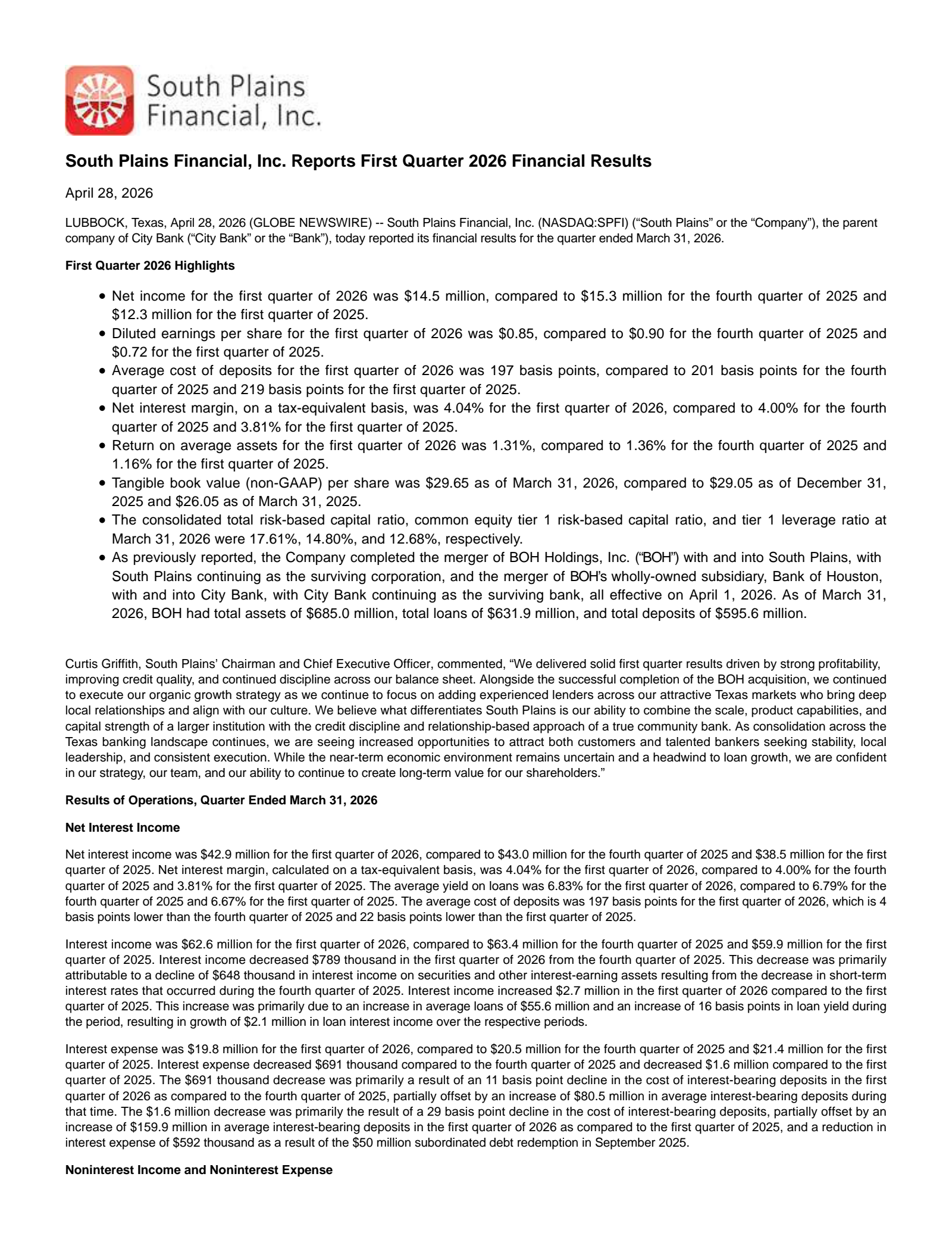 South Plains Financial's Q1 2026 Press Release