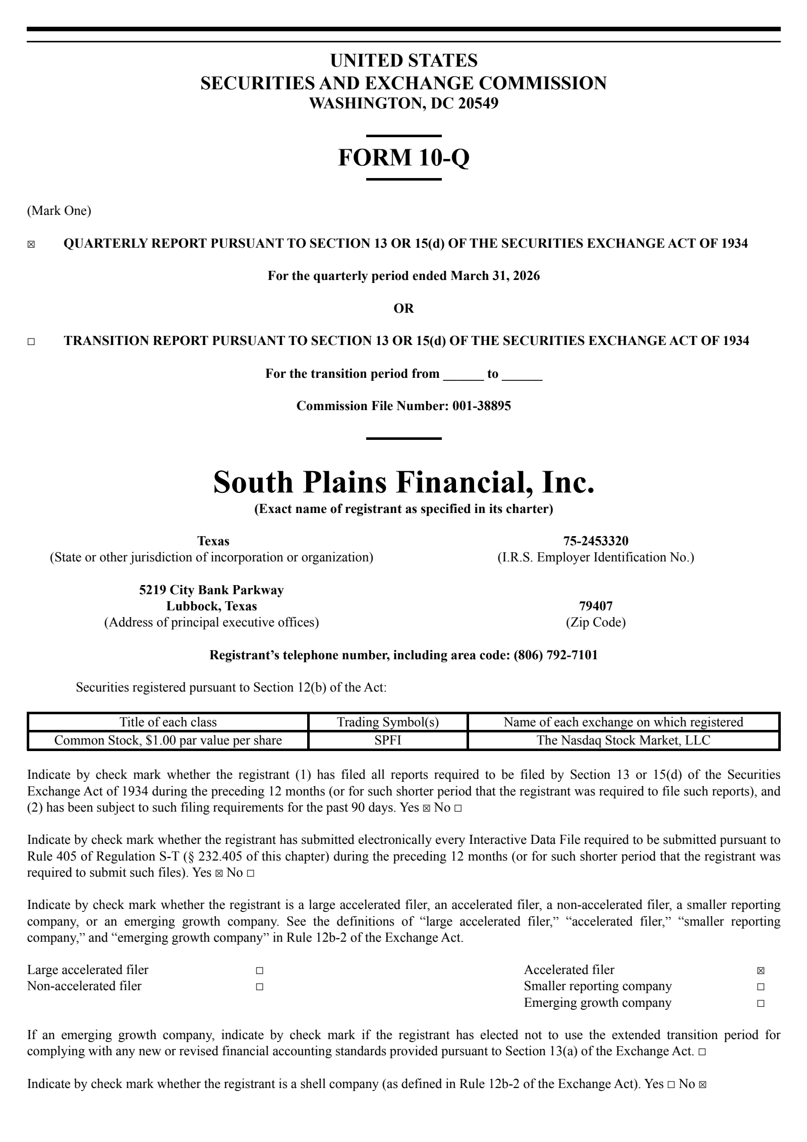 South Plains Financial's Q1 2026 Quarterly report