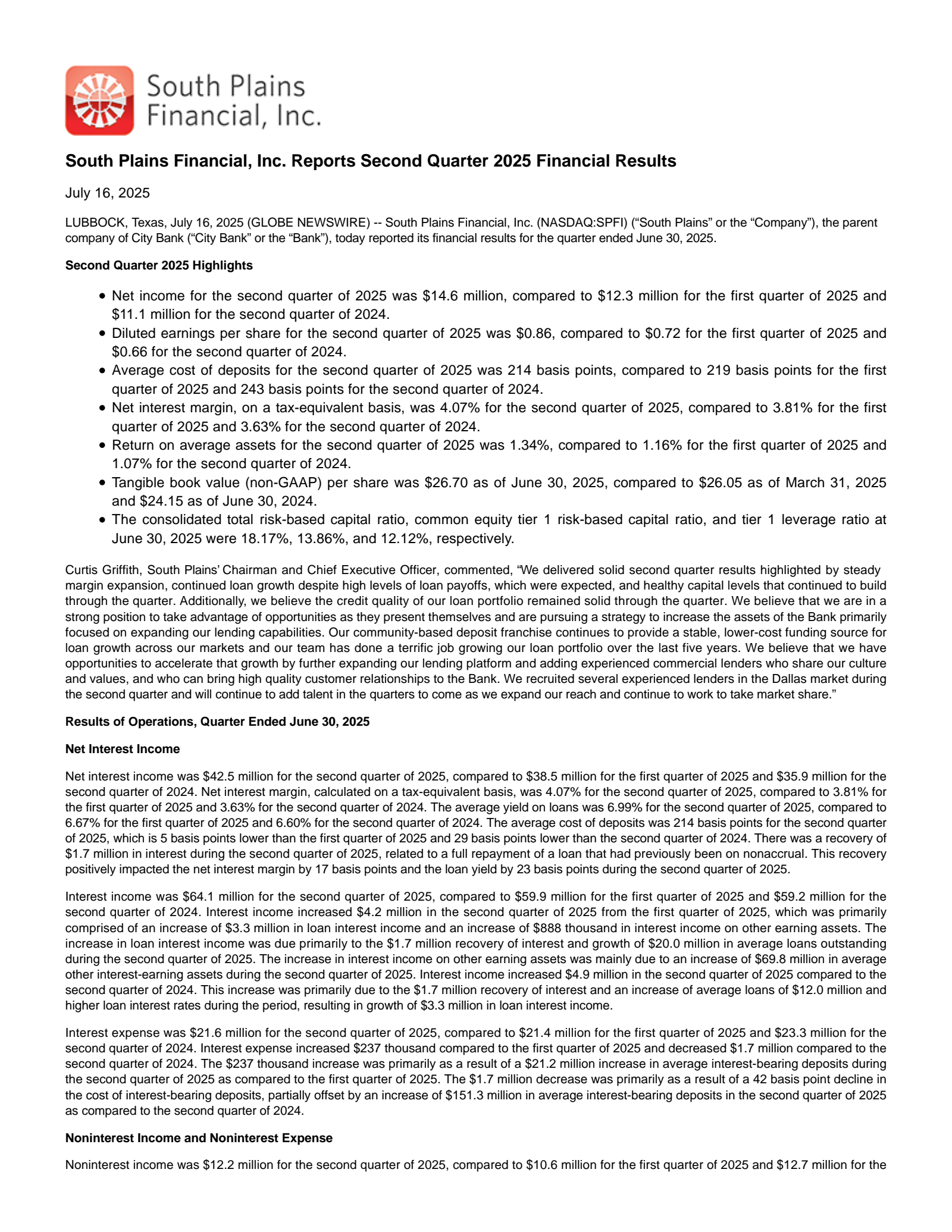 South Plains Financial's Q2 2025 Press Release