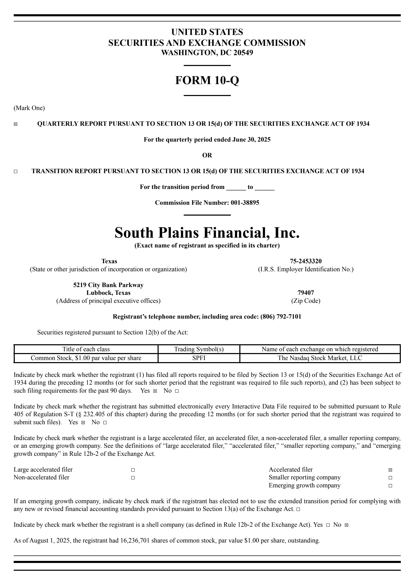 South Plains Financial's Q2 2025 Quarterly report