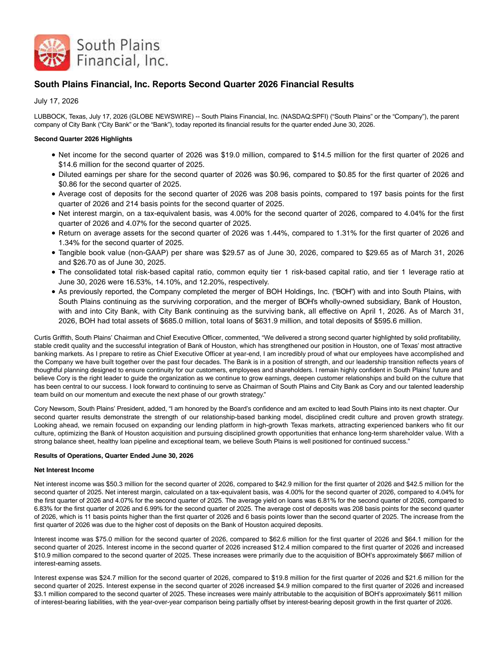 South Plains Financial's Q2 2026 Press Release