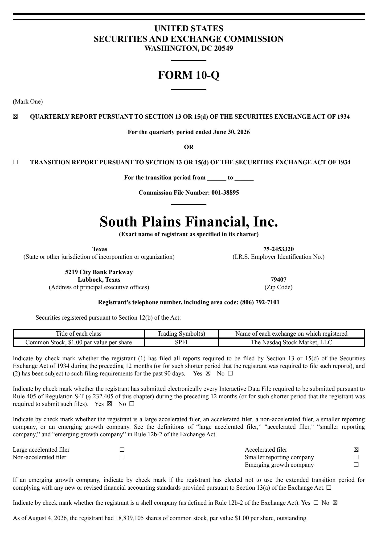South Plains Financial's Q2 2026 Quarterly report