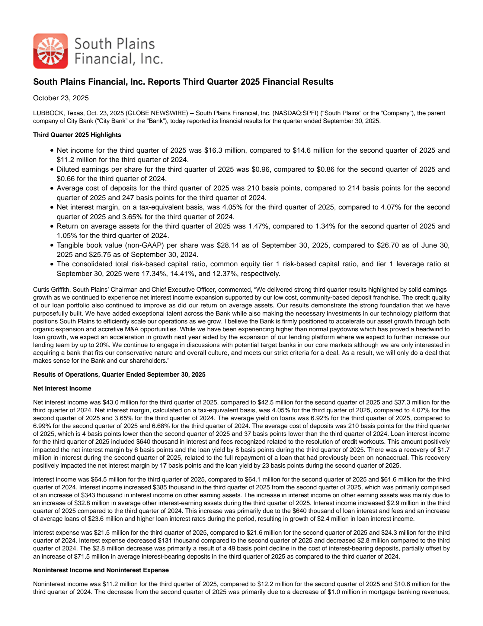 South Plains Financial's Q3 2025 Earnings Release