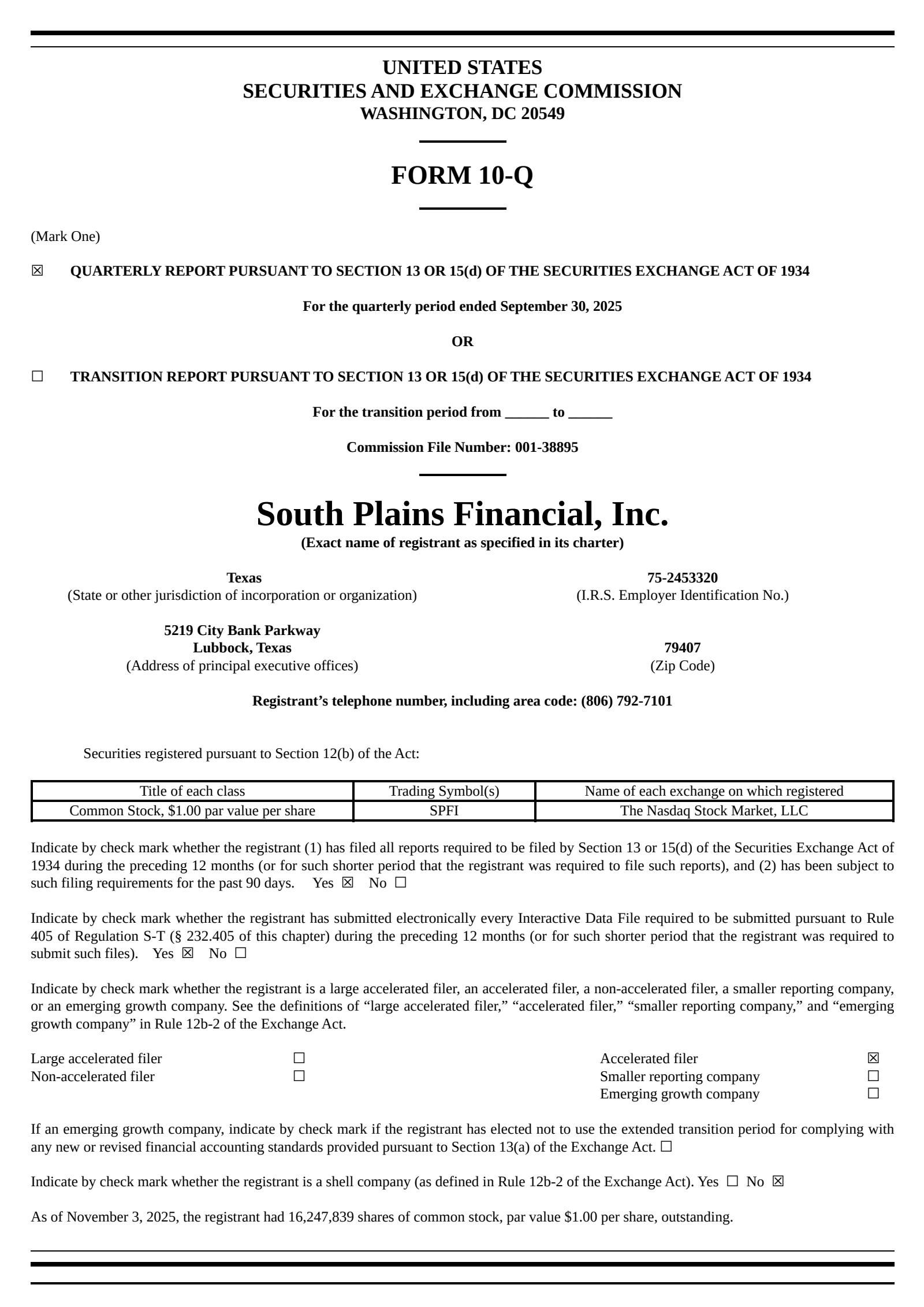 South Plains Financial's Q3 2025 Quarterly Report