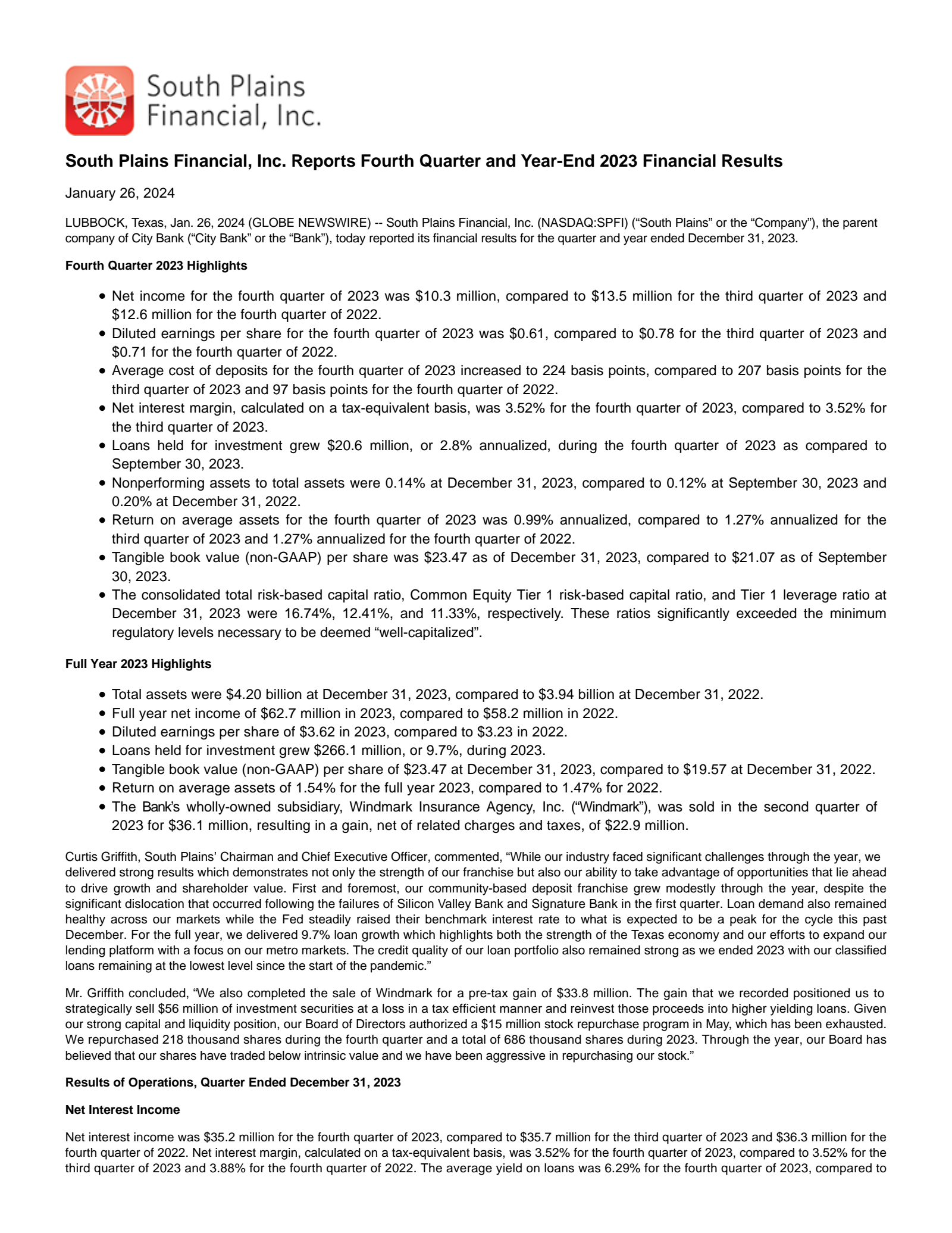South Plains Financial's Q4 2023 Press Release