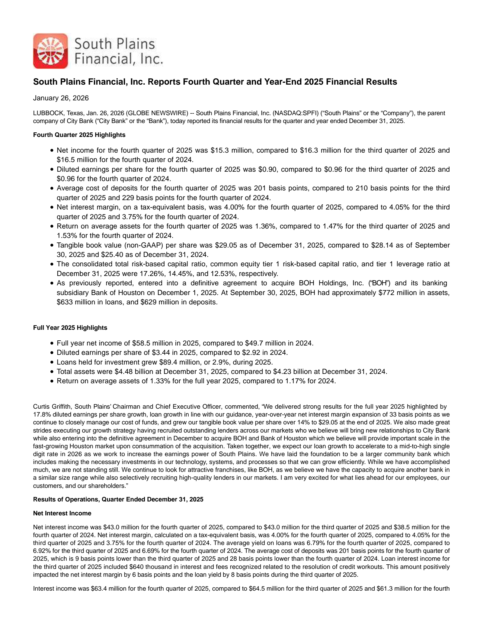 South Plains Financial's Q4 2025 Press Release