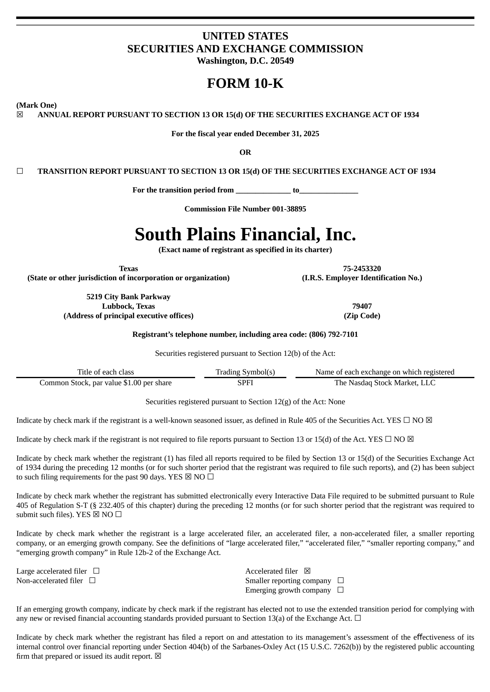 South Plains Financial's Q4 2025 Annual report