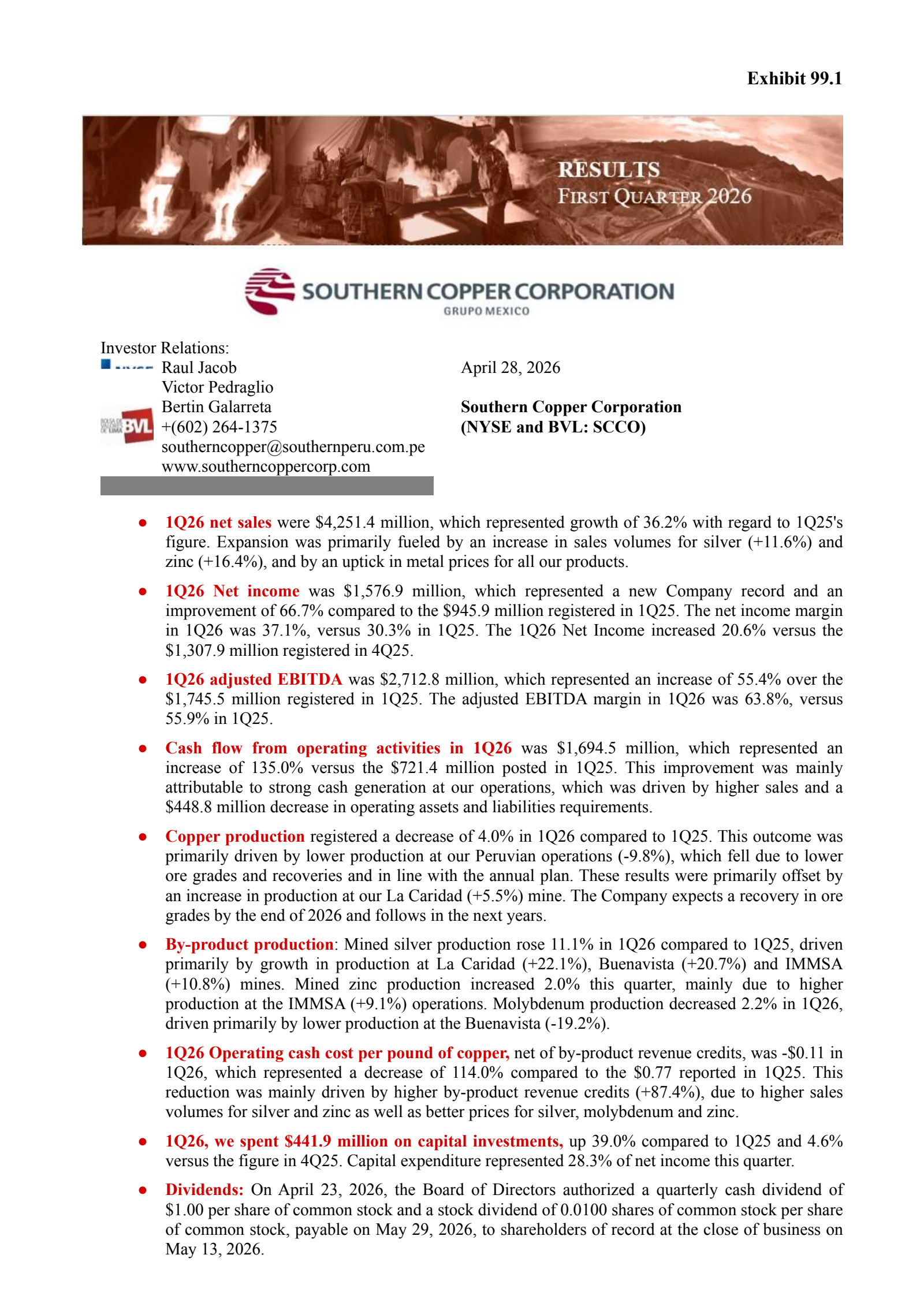 Southern Copper's Q1 2026 Press Release