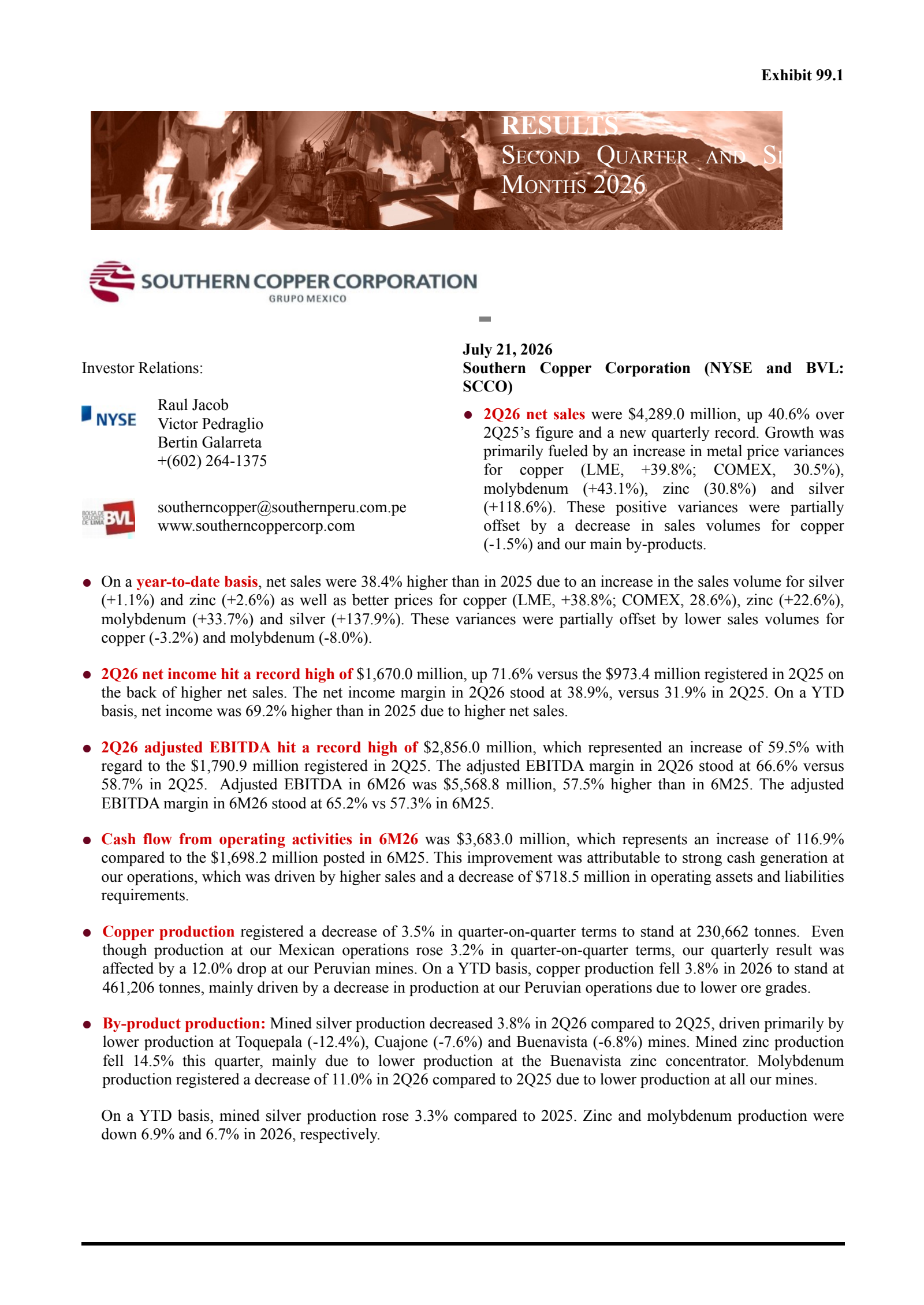 Southern Copper's Q2 2026 Press Release