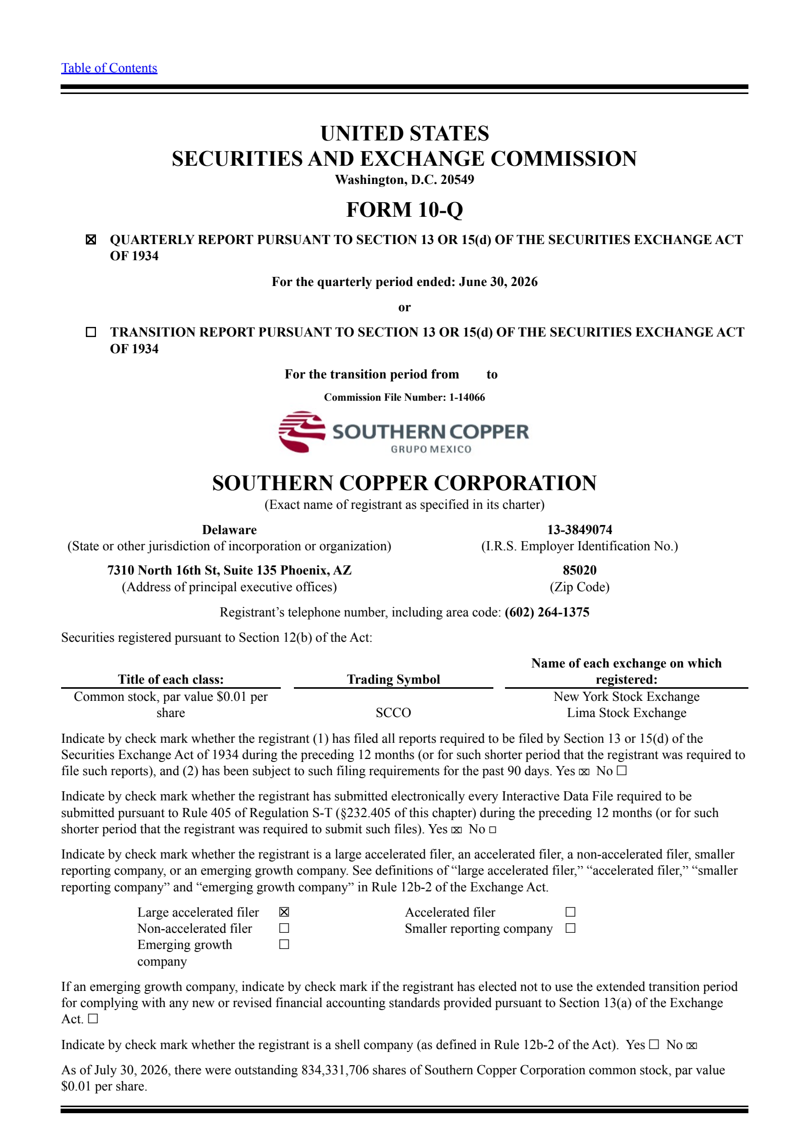 Southern Copper's Q2 2026 Quarterly report