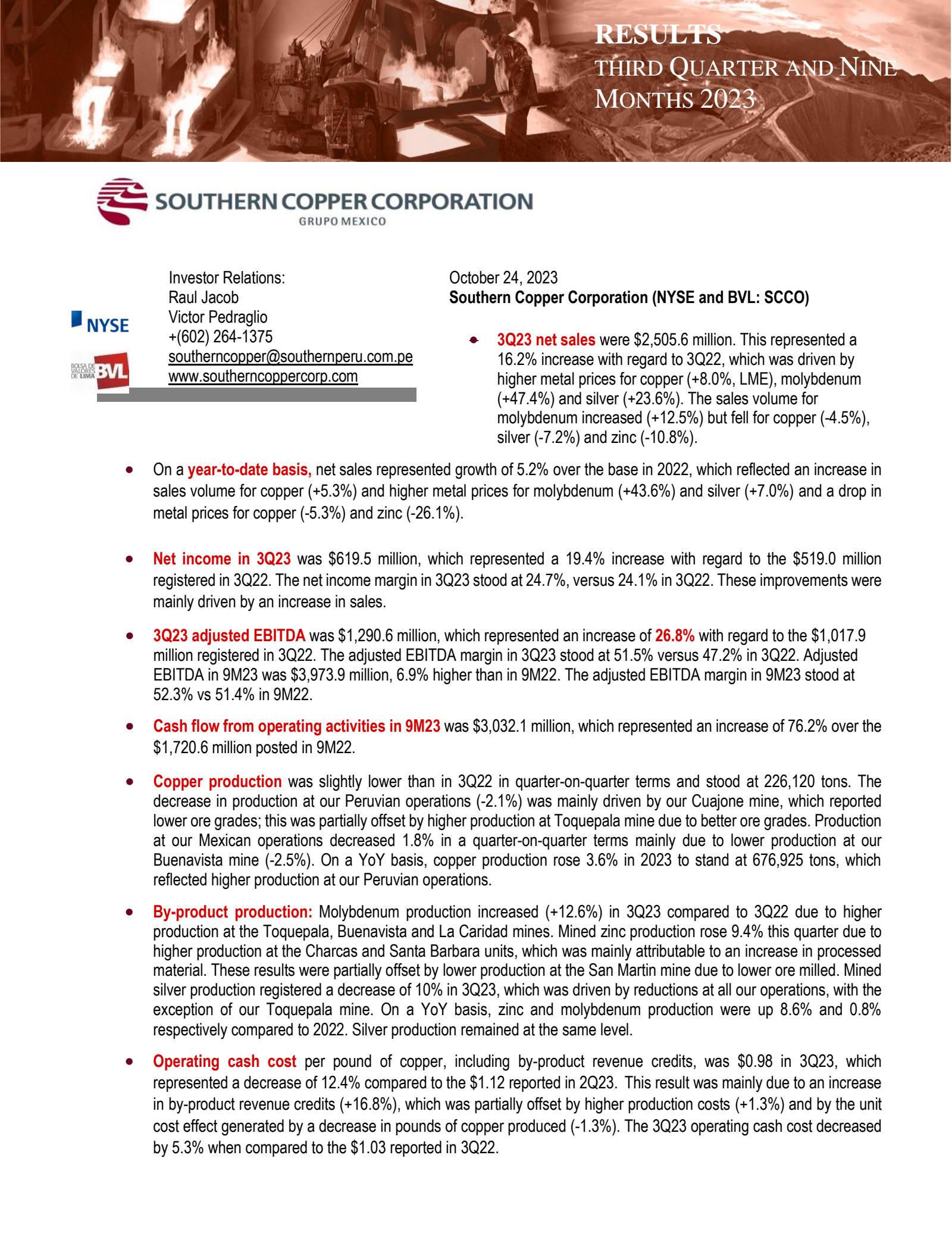 Southern Copper's Q3 2023 Press Release