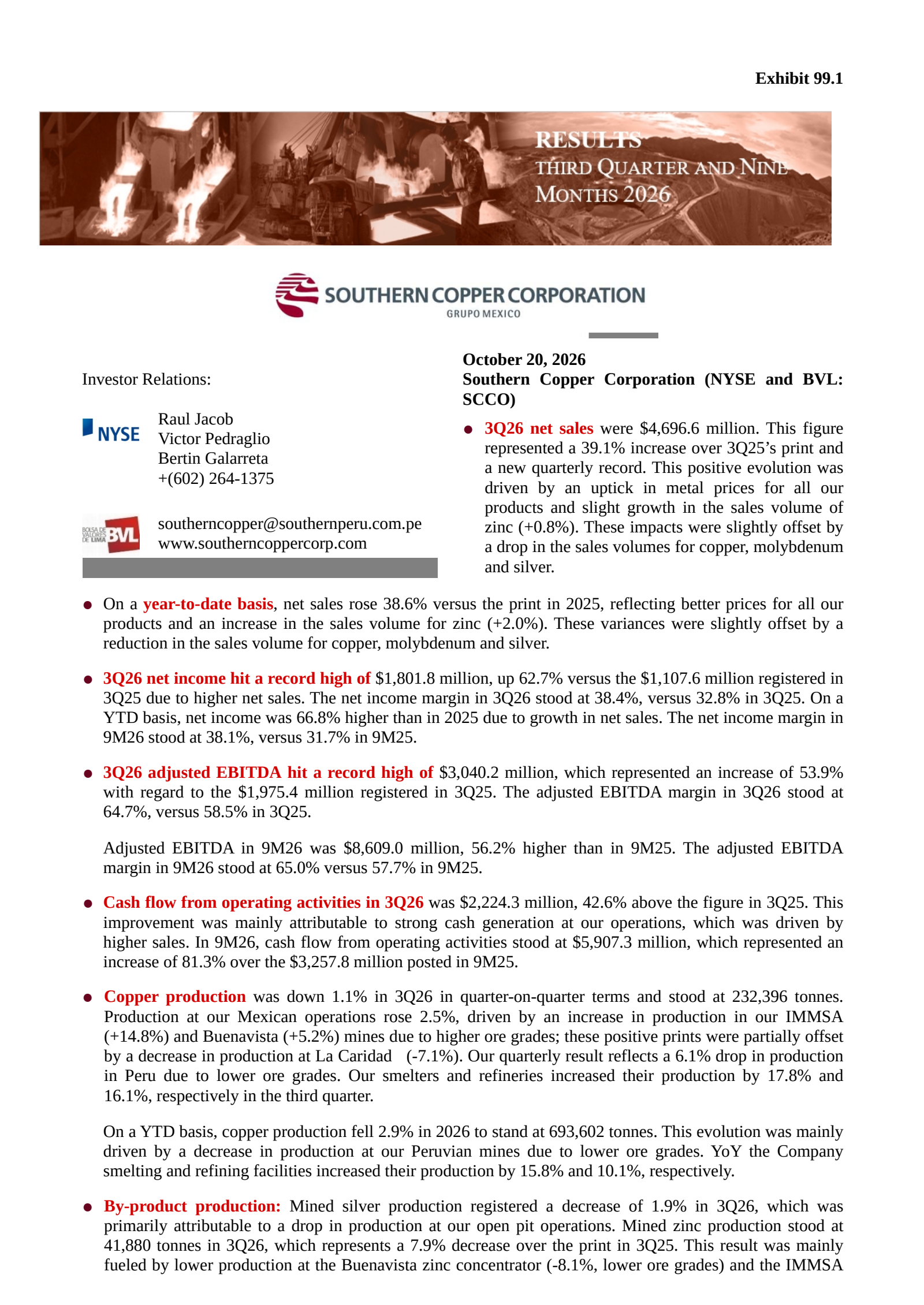 Southern Copper's Q3 2026 Press Release
