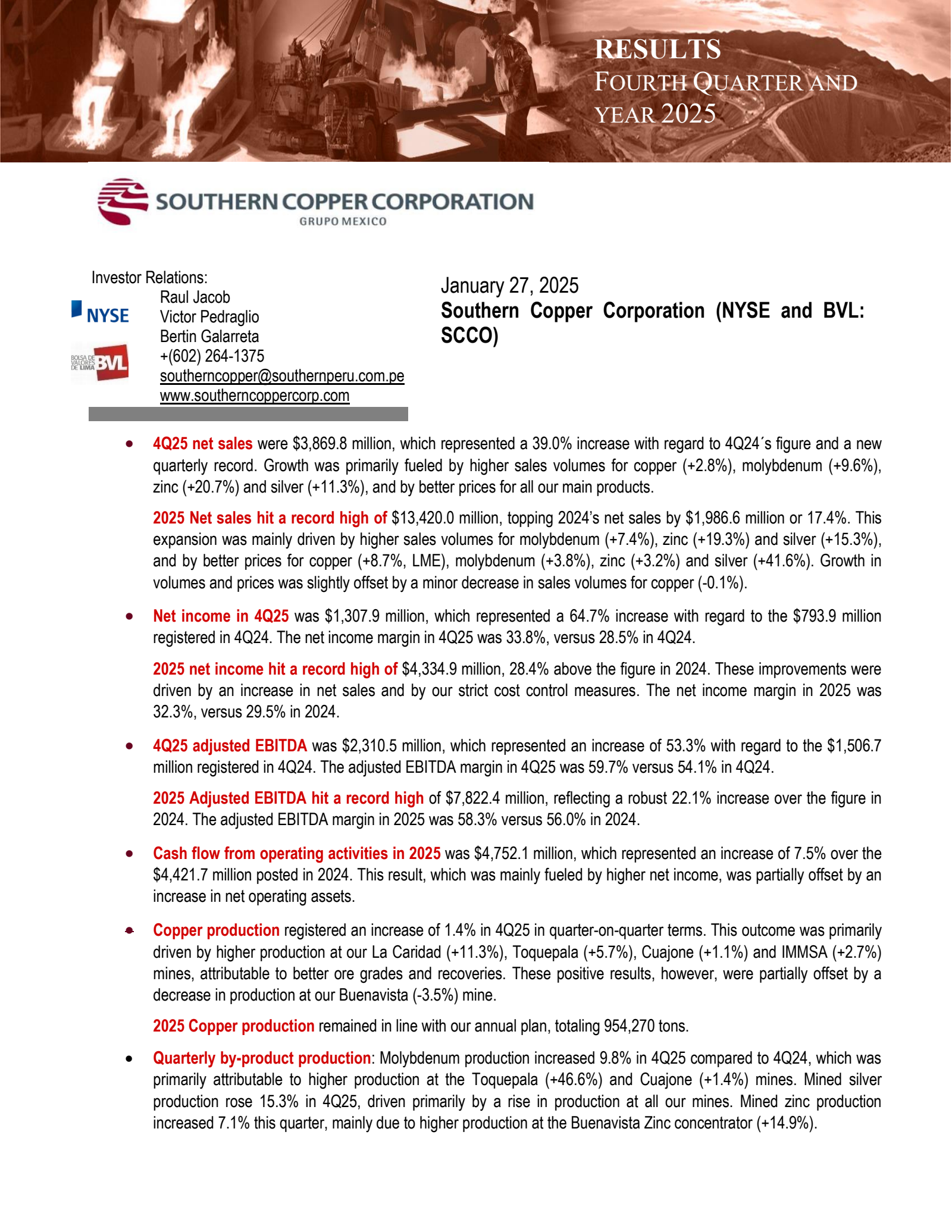 Southern Copper's Q4 2025 Press Release