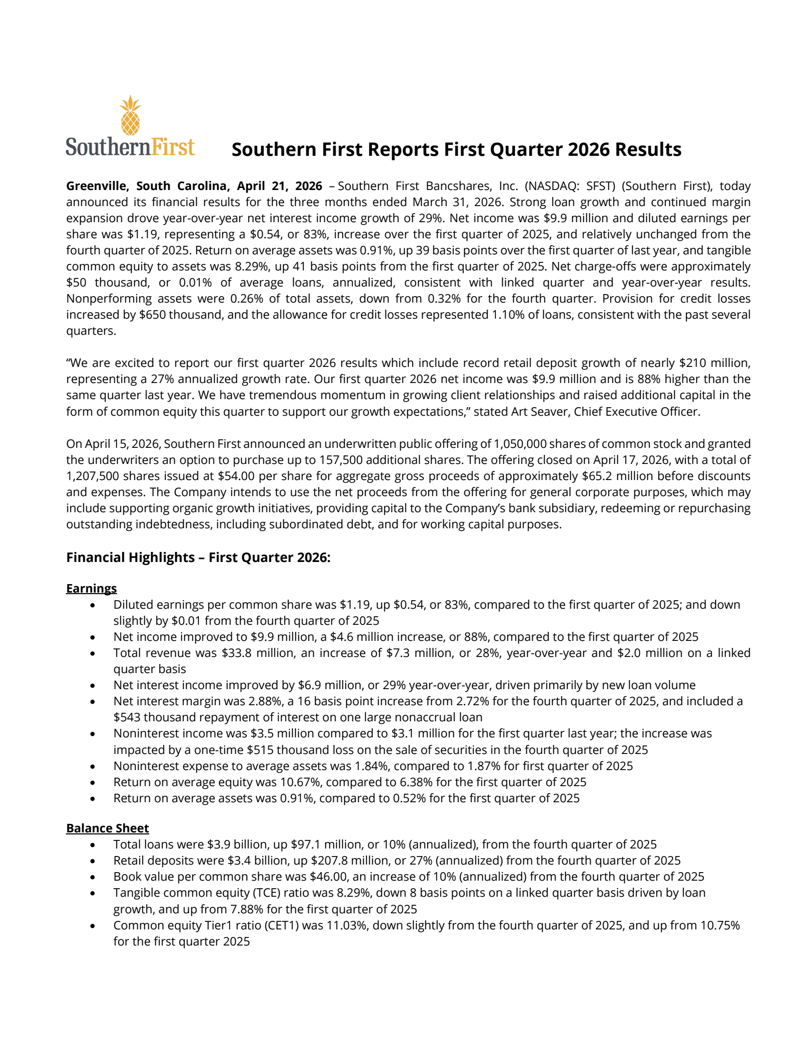Southern First Bancshares' Q1 2026 Press Release
