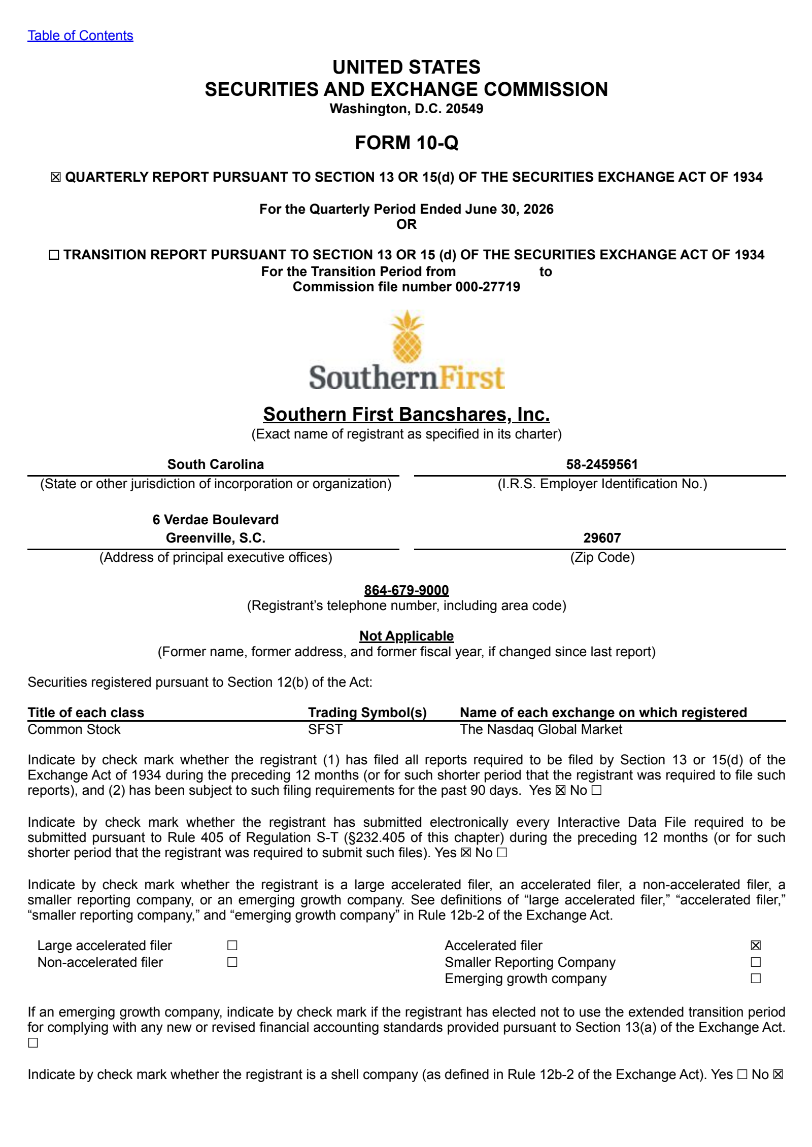 Southern First Bancshares' Q2 2026 Quarterly report
