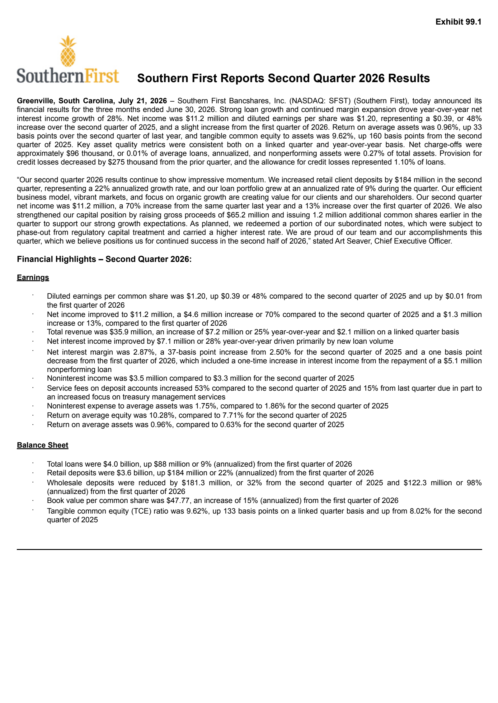 Southern First Bancshares' Q2 2026 Press Release