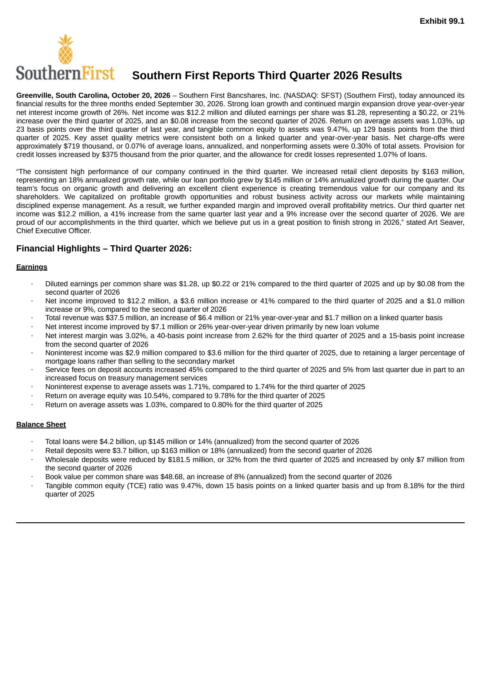 Southern First Bancshares' Q3 2026 Press Release