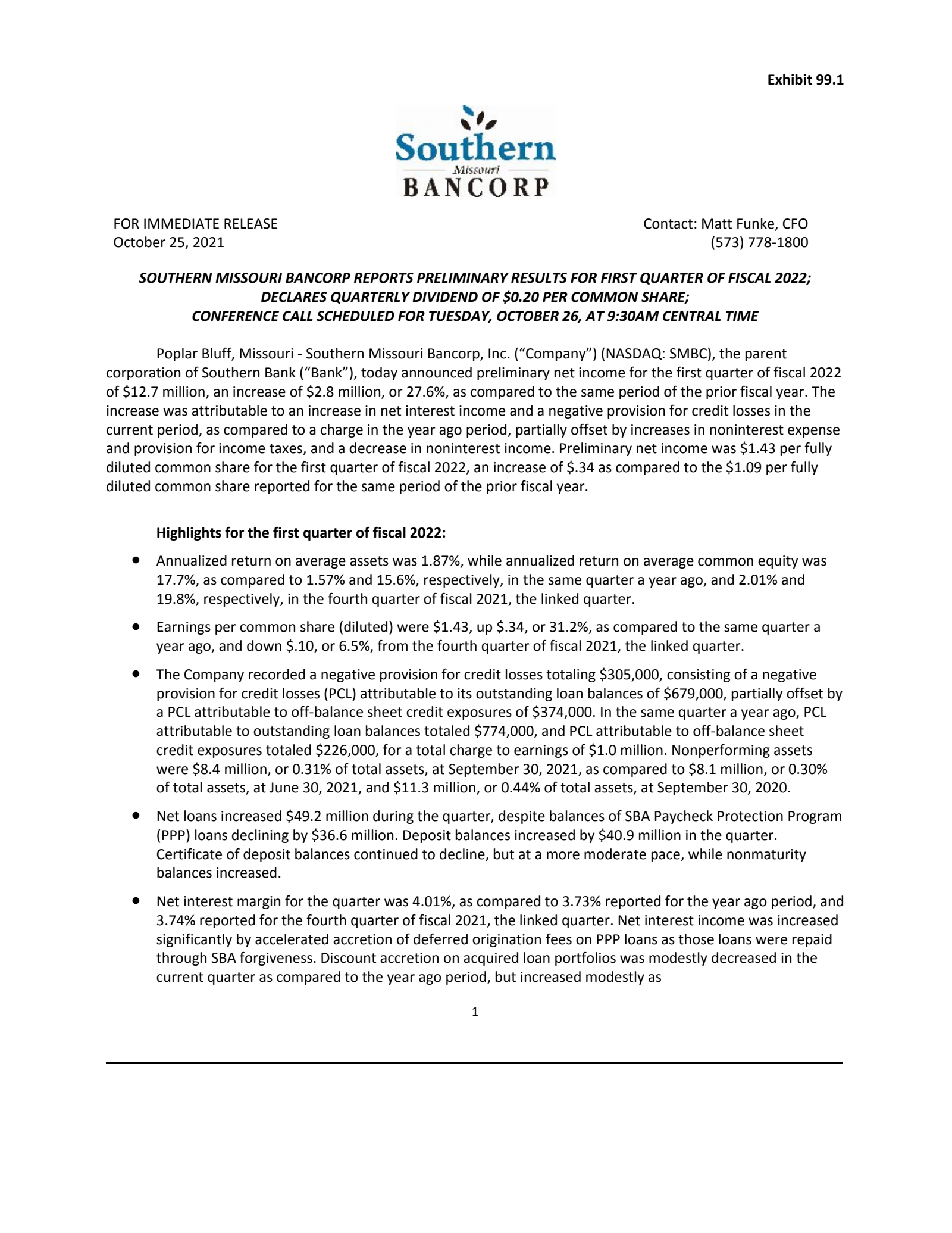 Southern Missouri Bancorp's Q1 2022 Press Release
