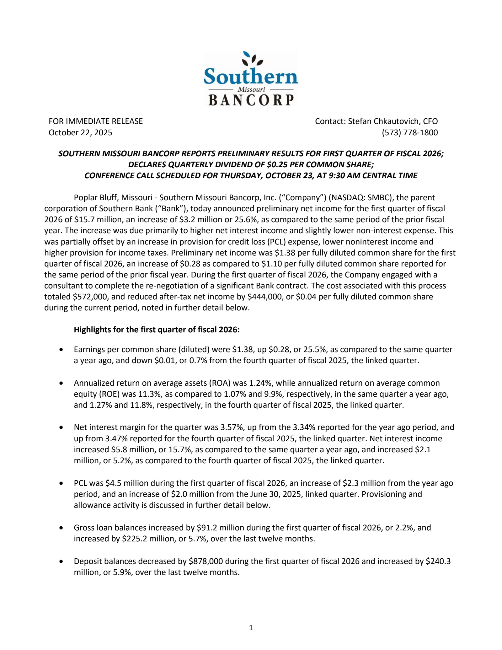Southern Missouri Bancorp's Q1 2026 Earnings Release