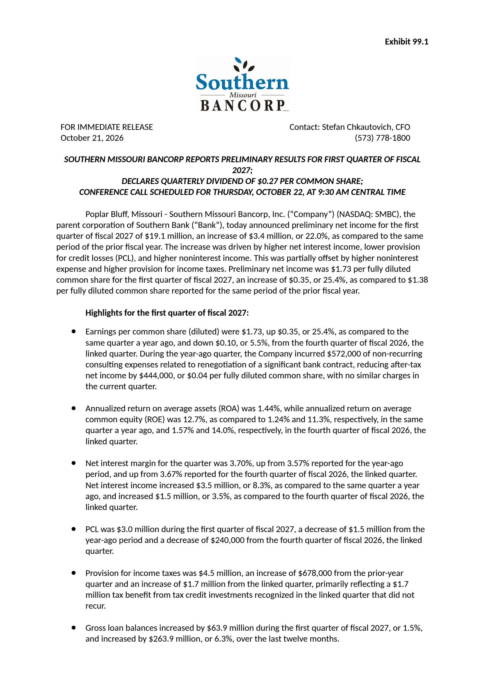 Southern Missouri Bancorp's Q1 2027 Press Release