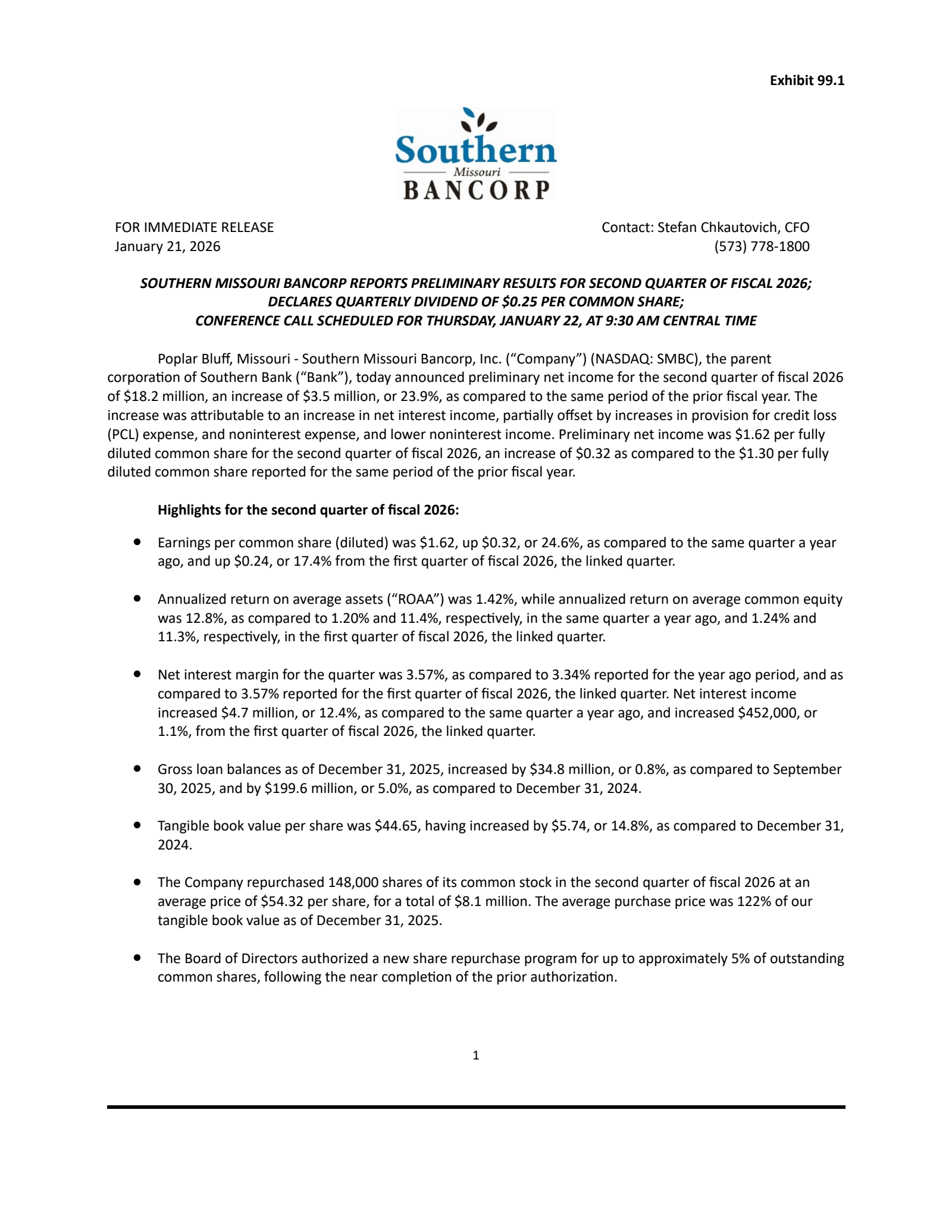 Southern Missouri Bancorp's Q2 2026 Press Release