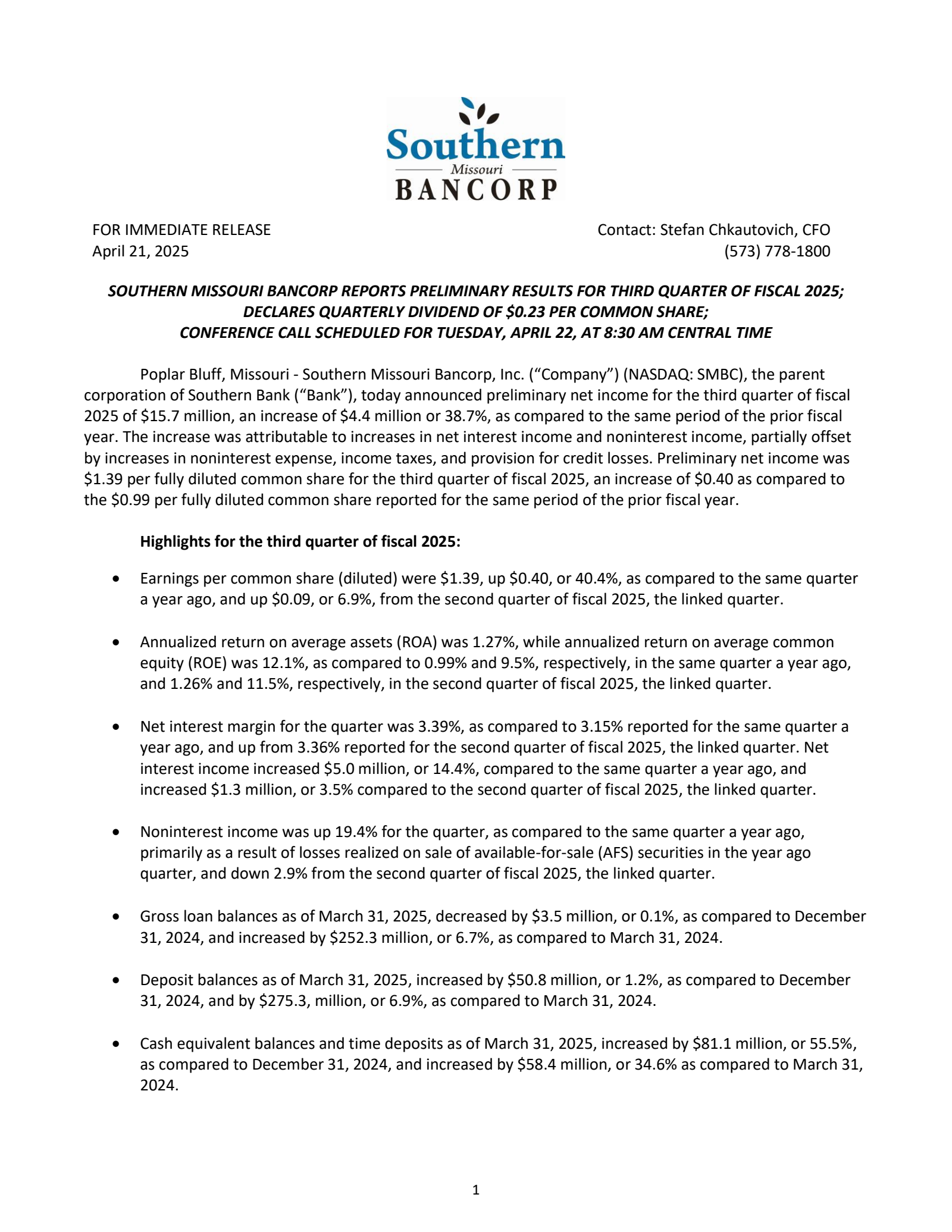 Southern Missouri Bancorp's Q3 2025 Press Release