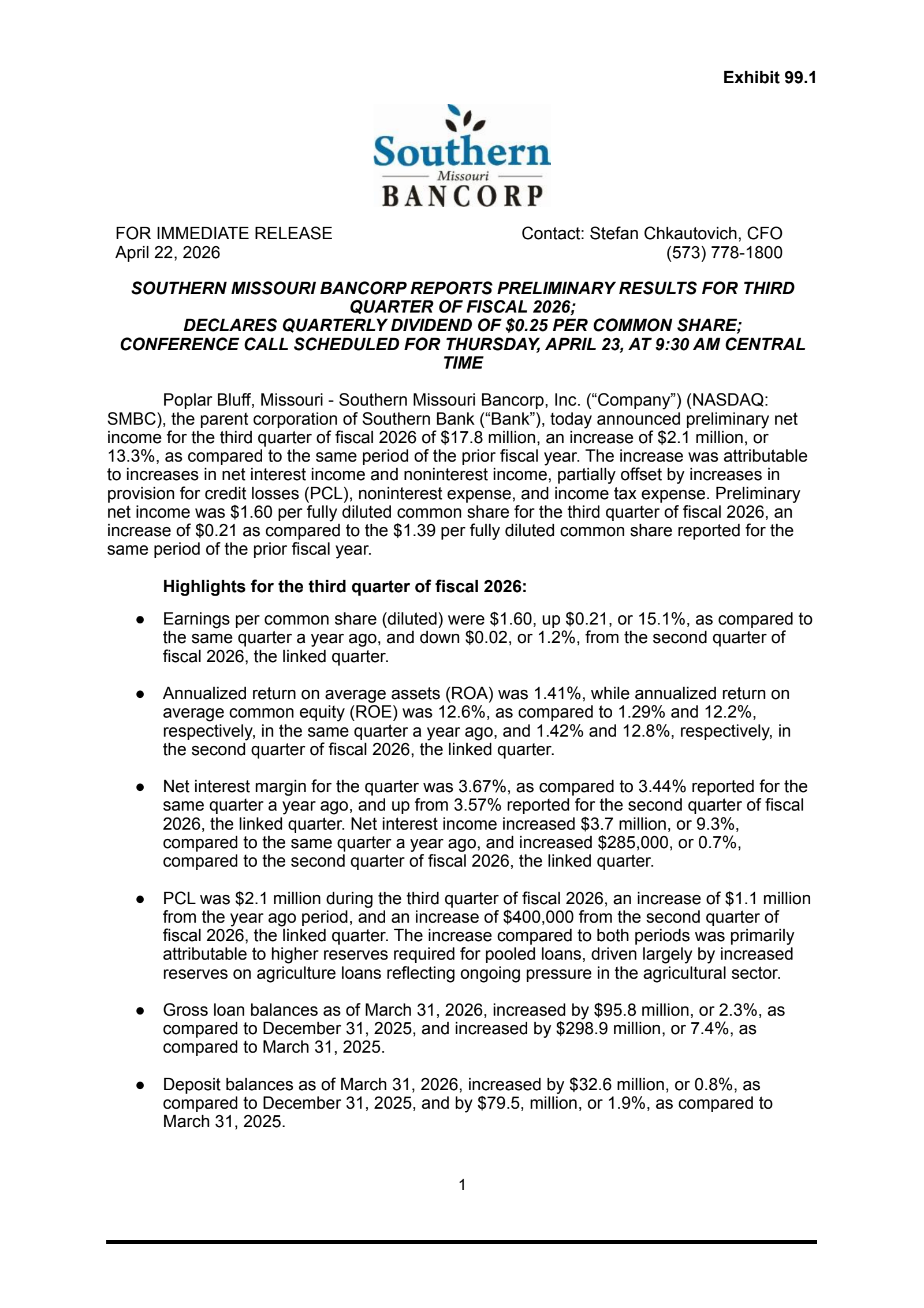 Southern Missouri Bancorp's Q3 2026 Press Release