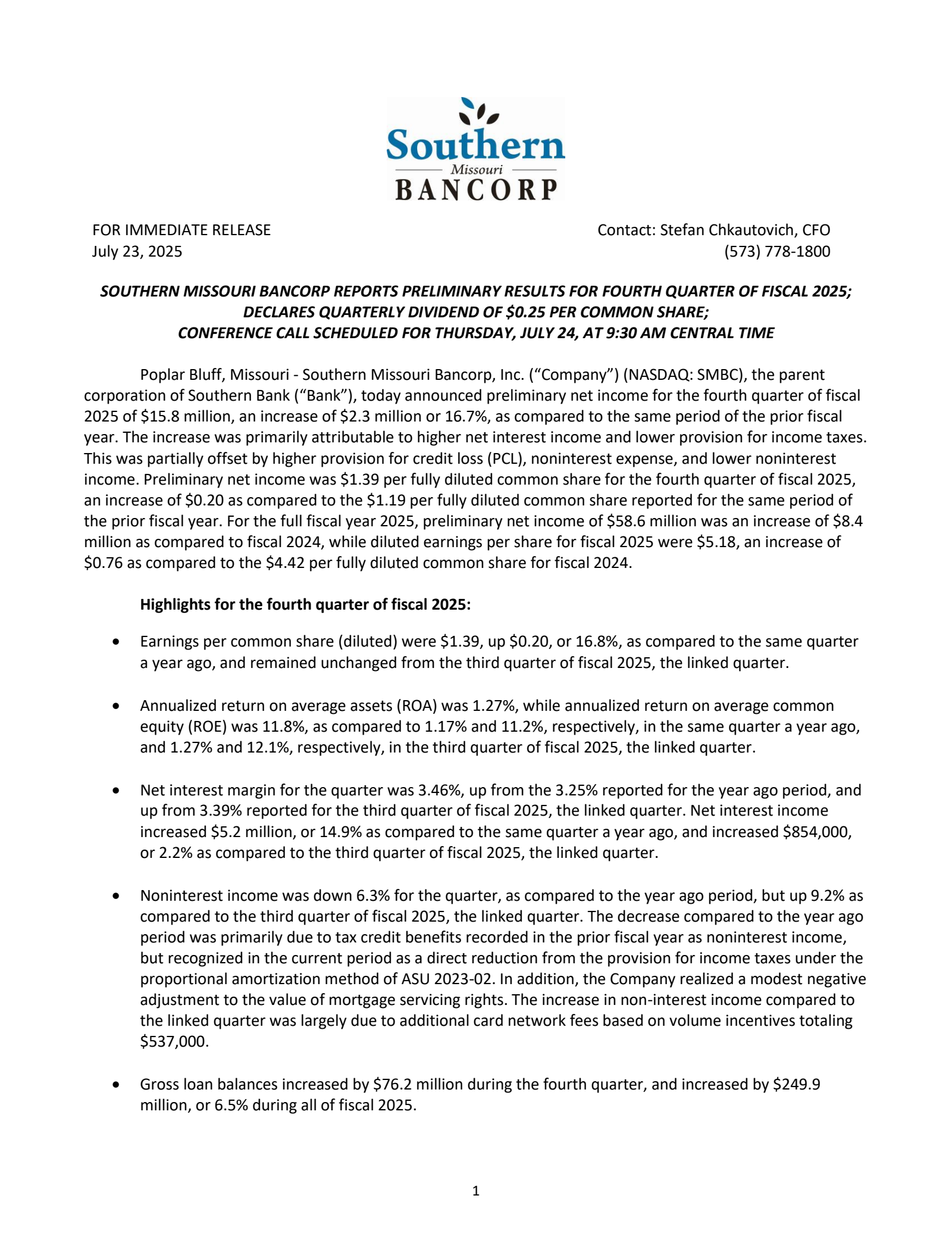 Southern Missouri Bancorp's Q4 2025 Press Release