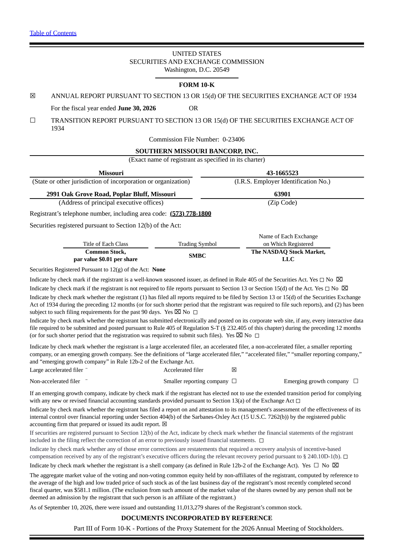 Southern Missouri Bancorp's Q4 2026 Annual report