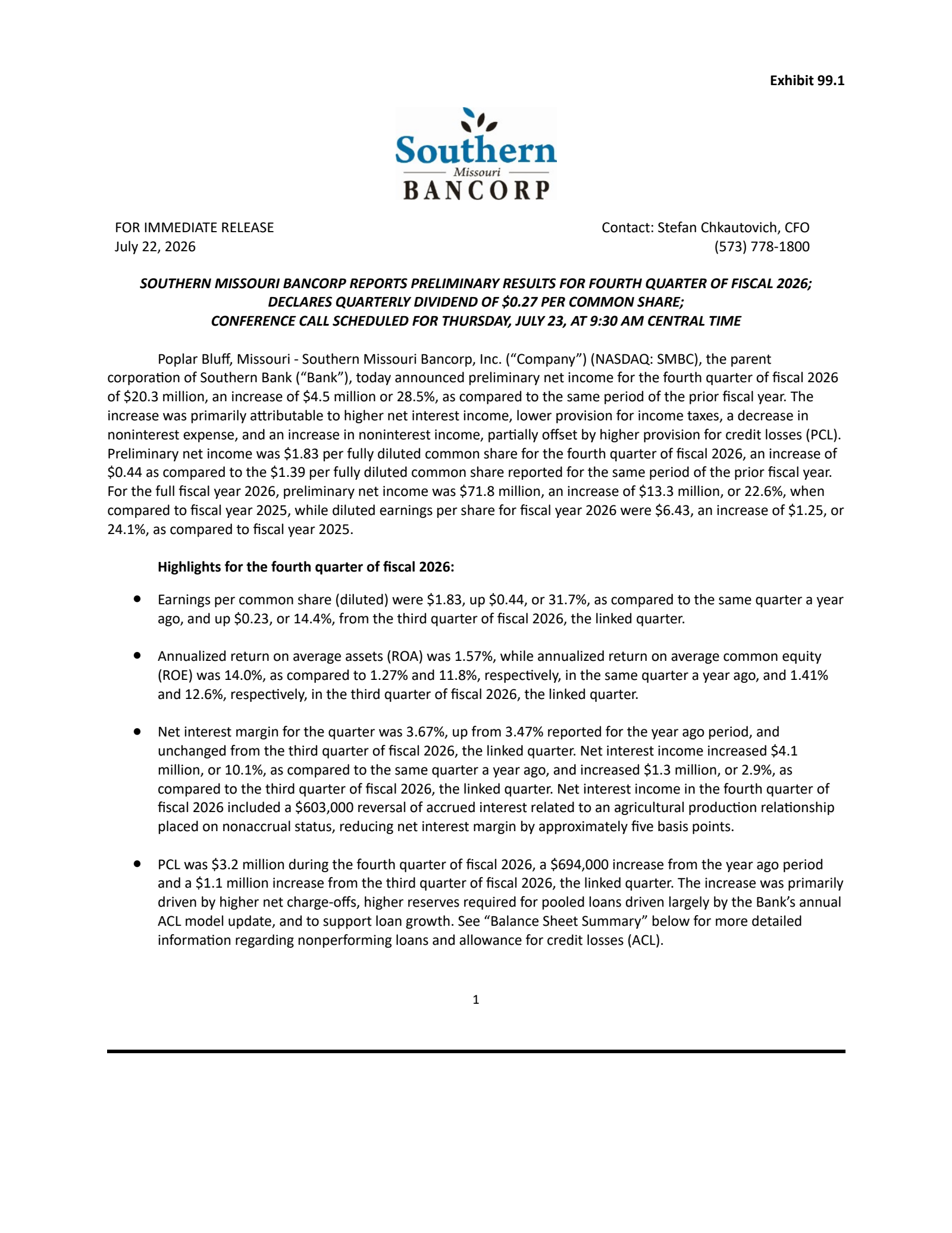 Southern Missouri Bancorp's Q4 2026 Press Release