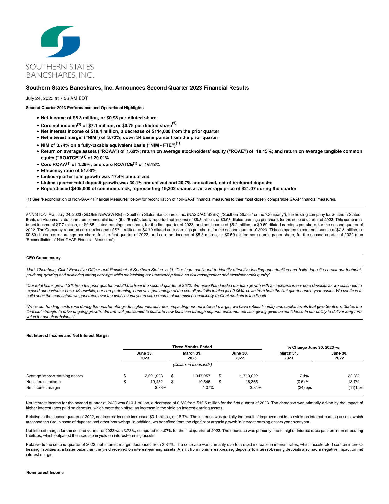 Southern States Bancshares' Q2 2023 Press Release