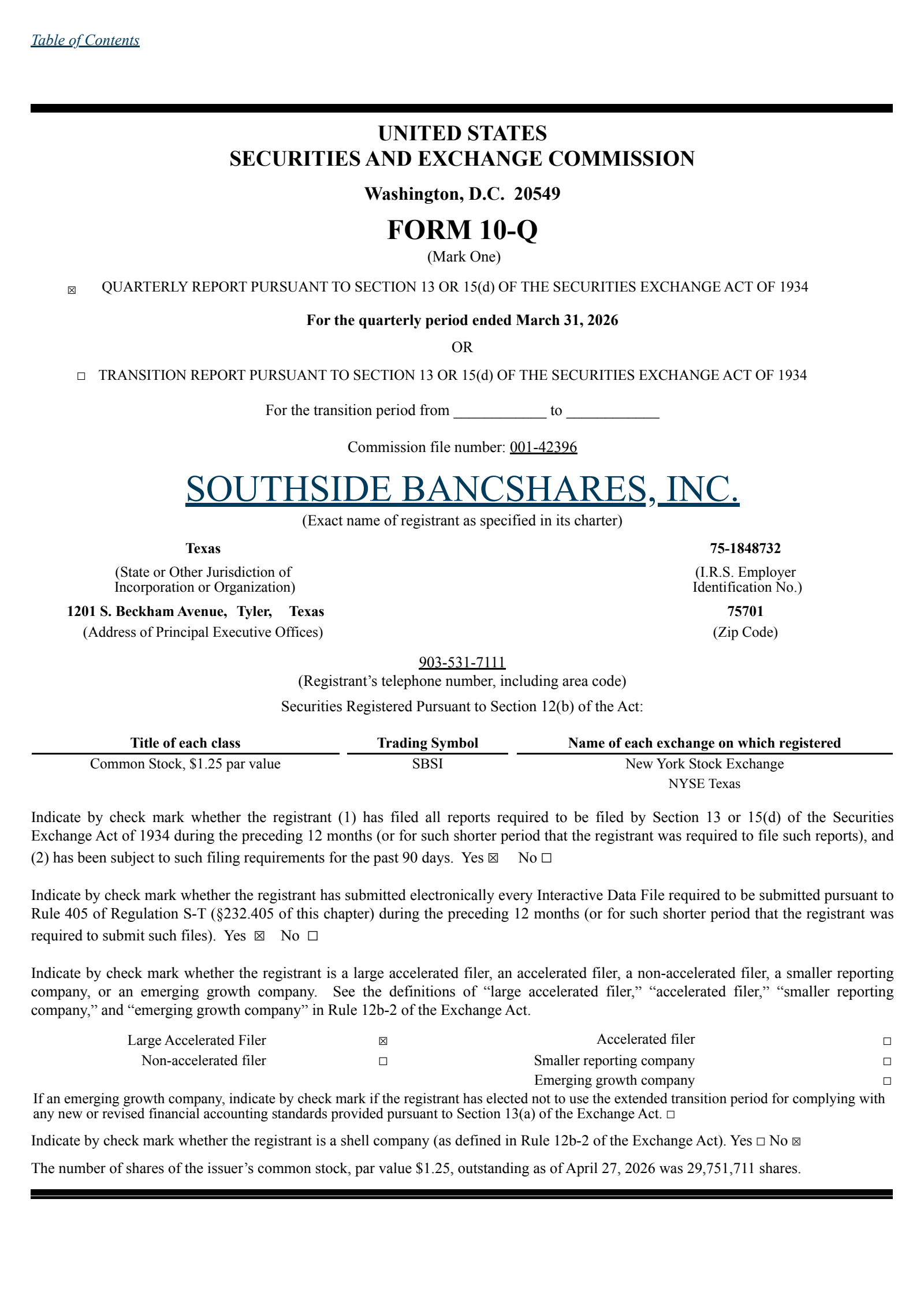 Southside Bancshares' Q1 2026 Quarterly report
