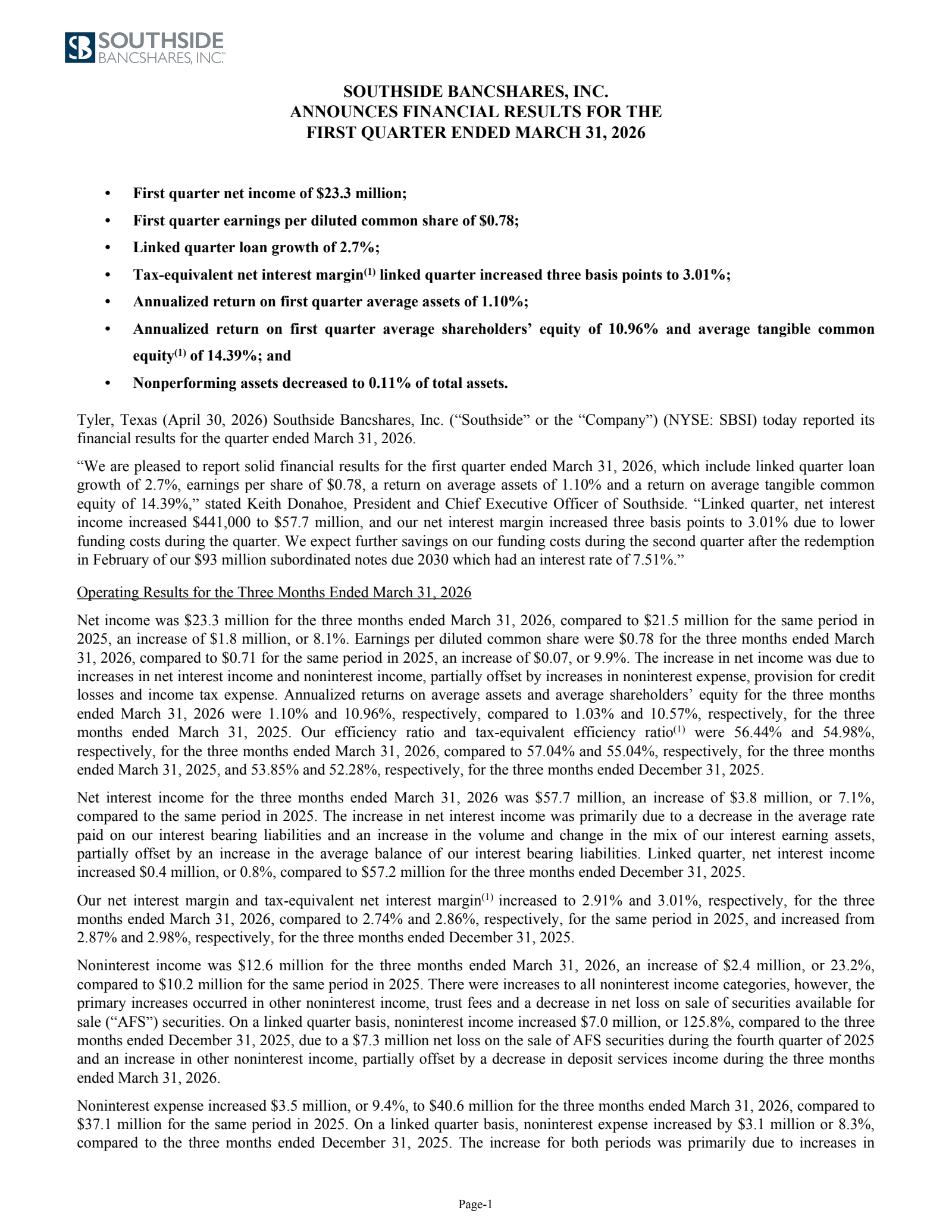 Southside Bancshares' Q1 2026 Press Release
