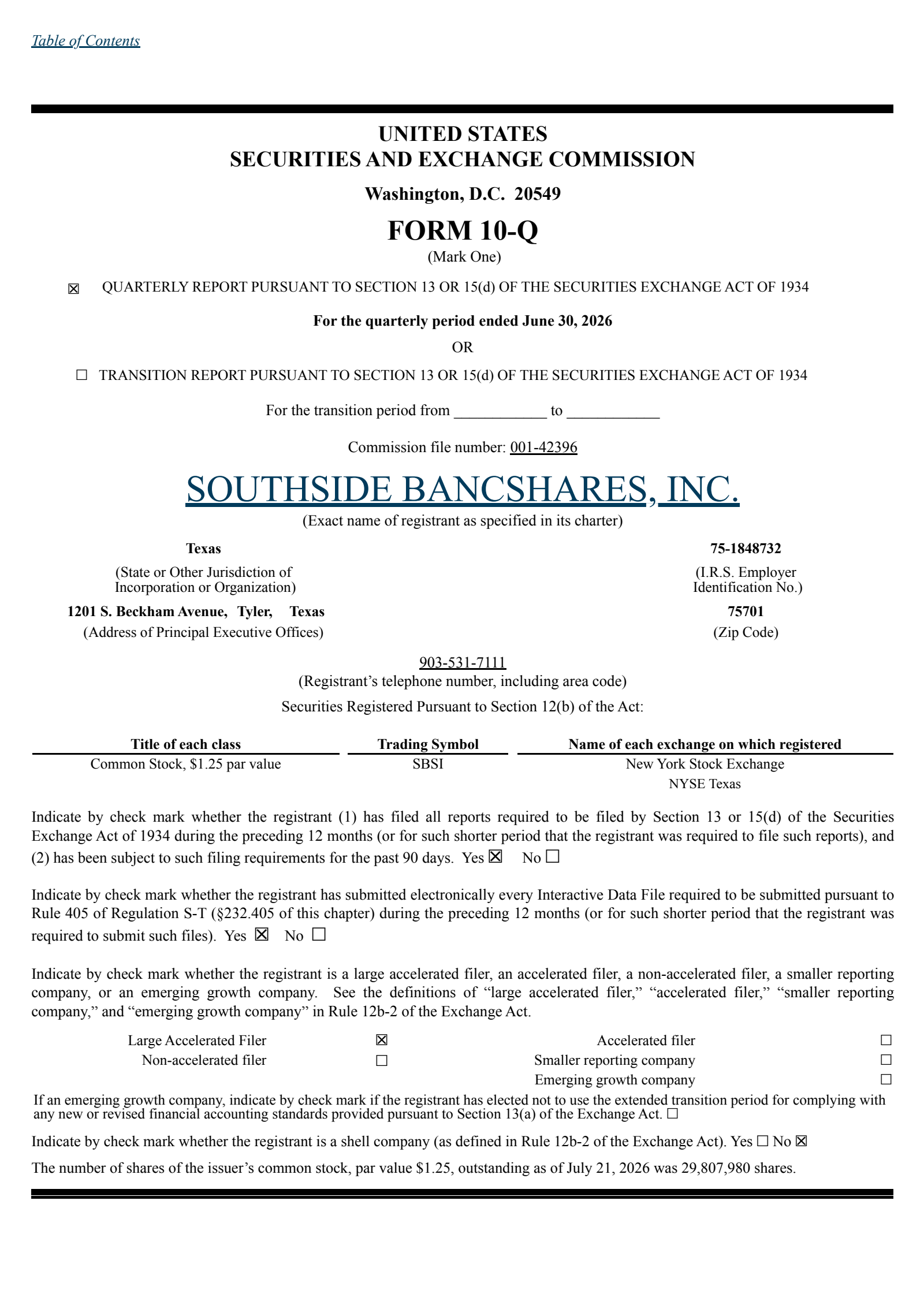 Southside Bancshares' Q2 2026 Quarterly report