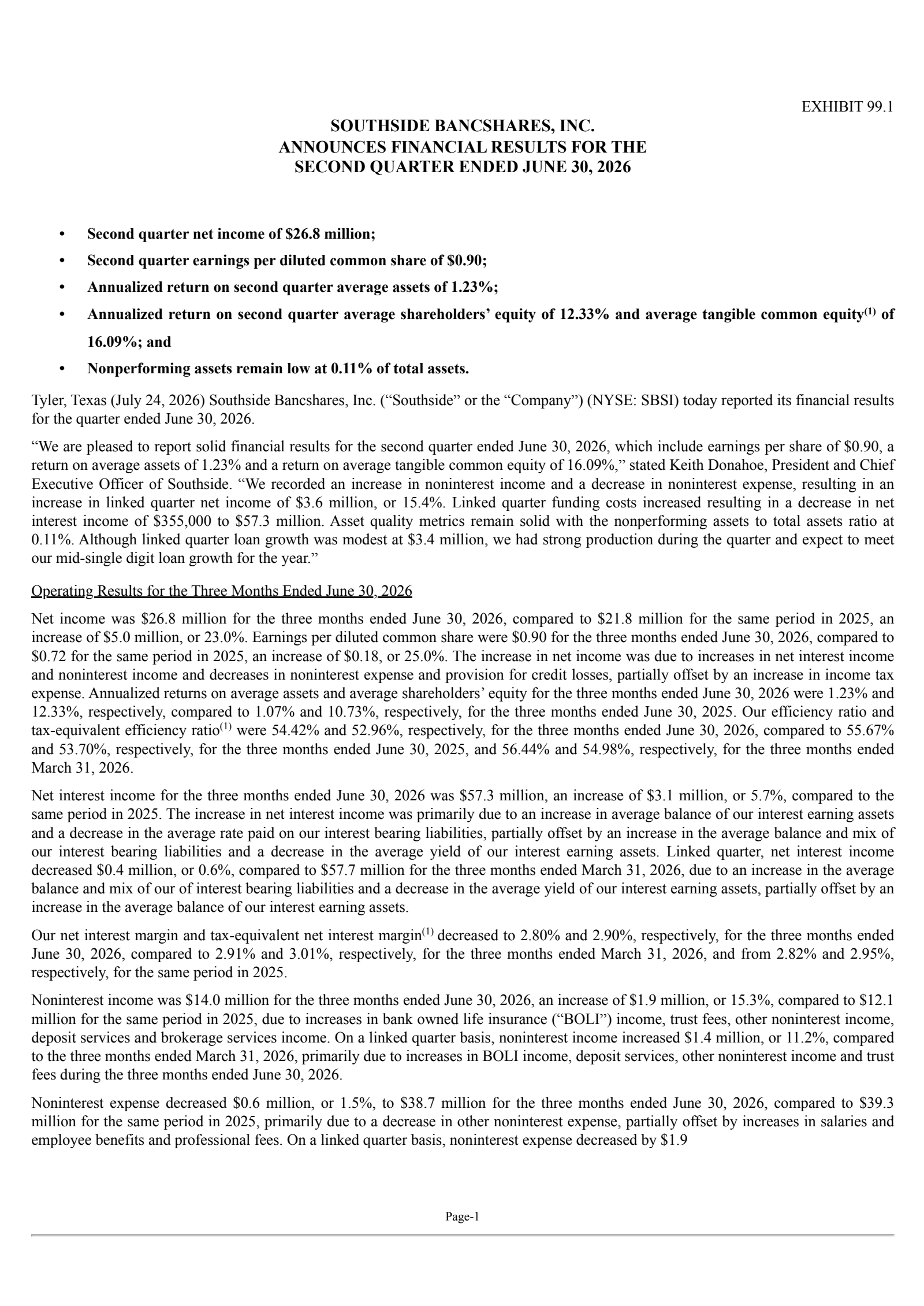 Southside Bancshares' Q2 2026 Press Release