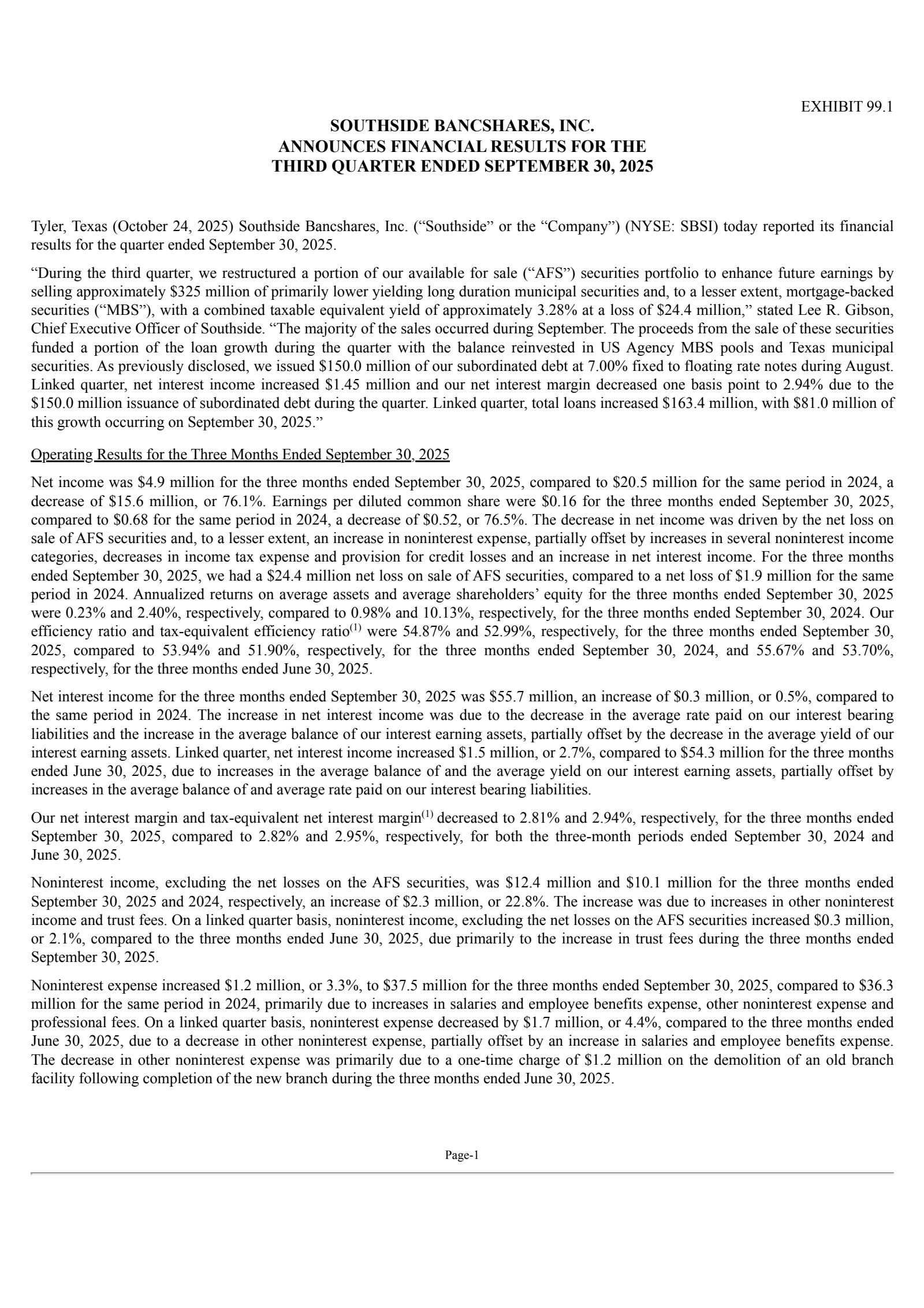 Southside Bancshares' Q3 2025 Earnings Release