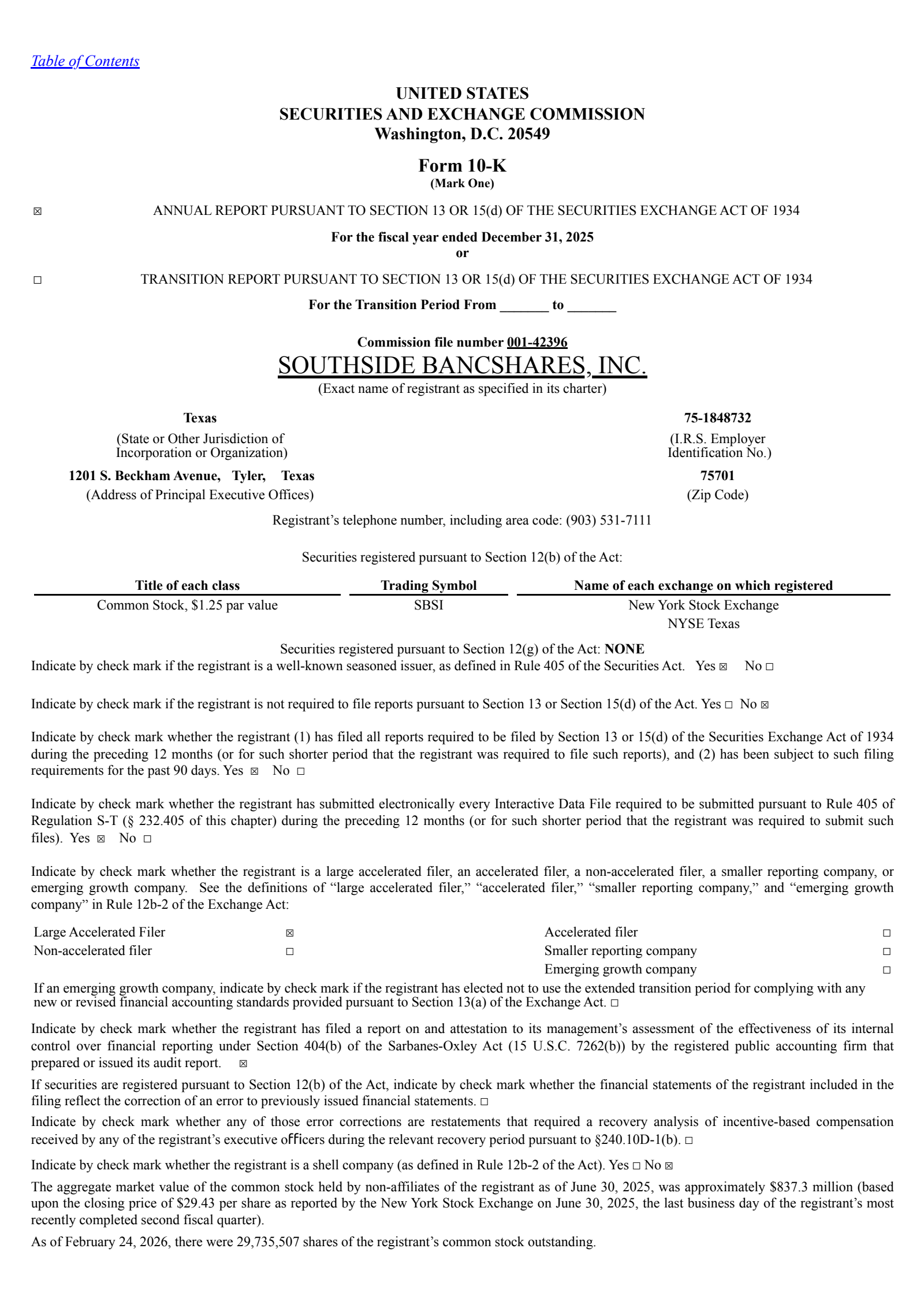 Southside Bancshares' Q4 2025 Annual report