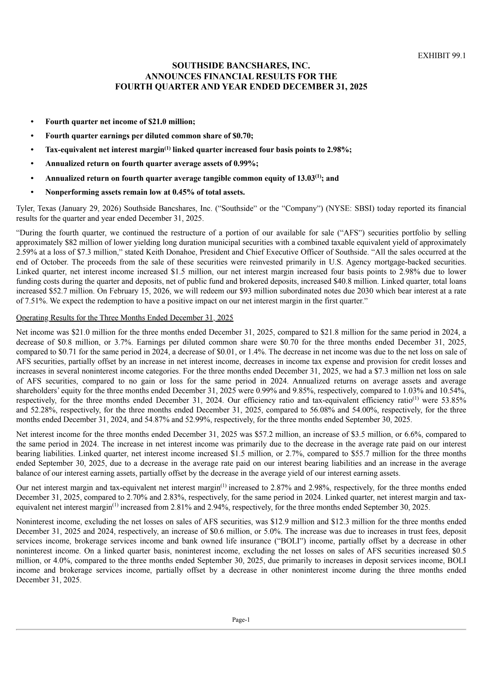 Southside Bancshares' Q4 2025 Press Release