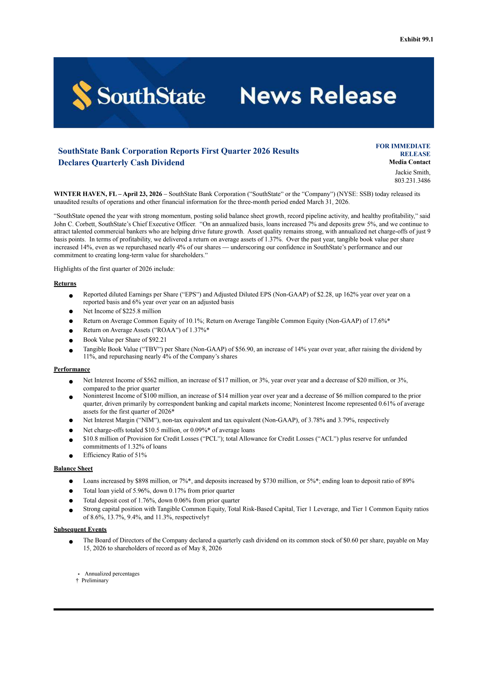 SouthState Bank's Q1 2026 Press Release