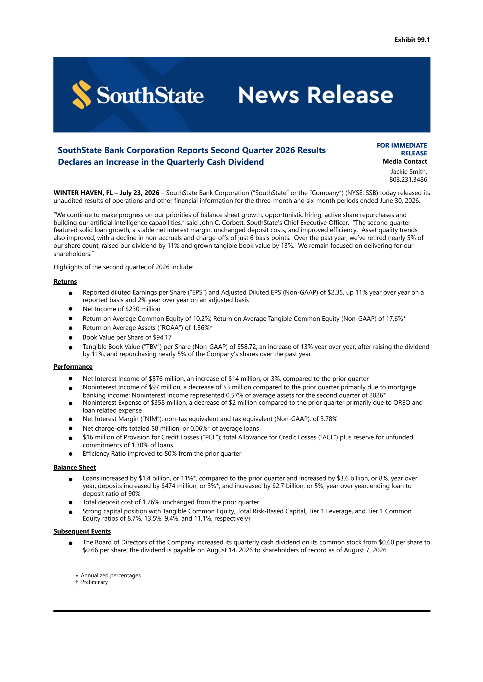 SouthState Bank's Q2 2026 Press Release