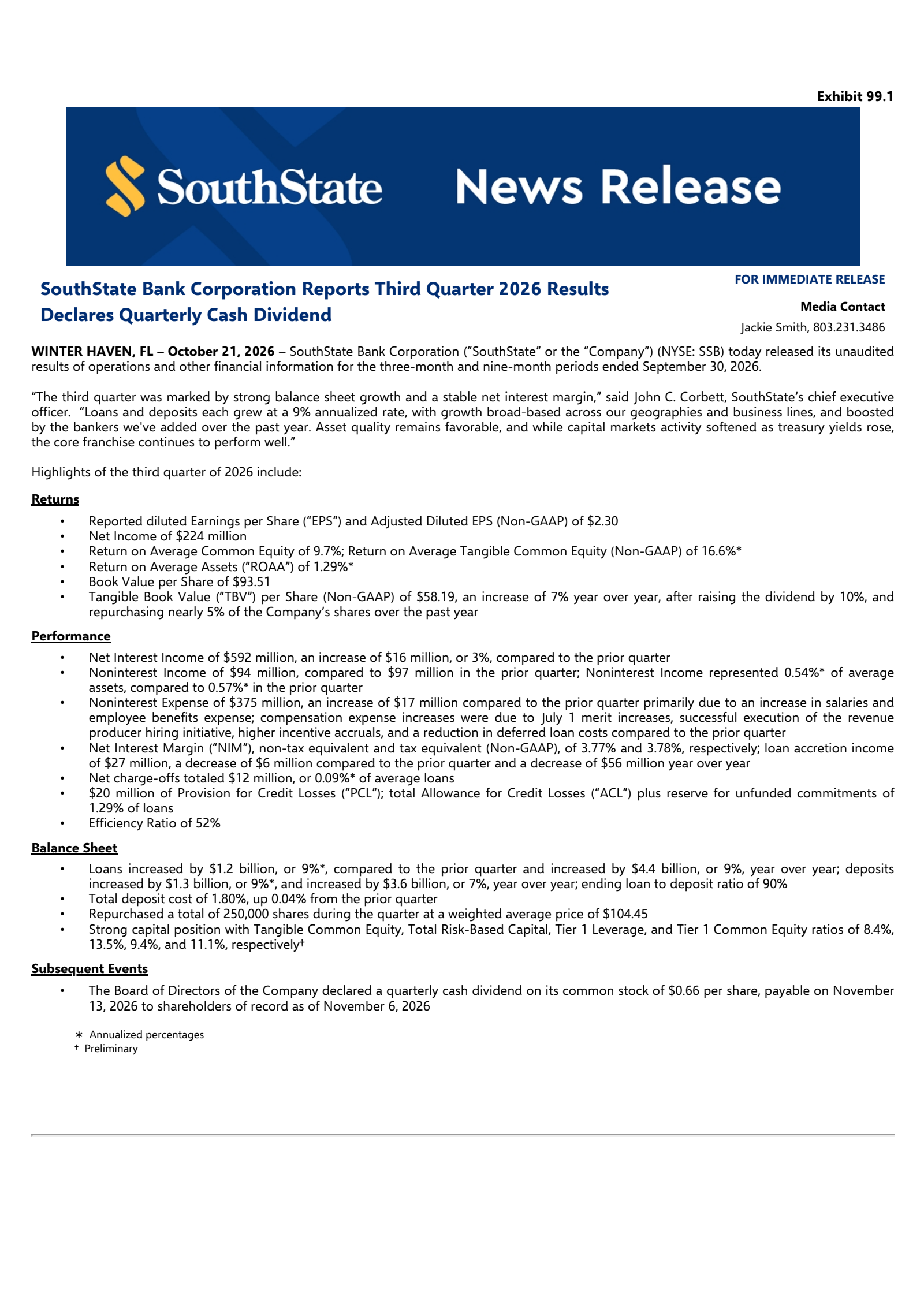 SouthState Bank's Q3 2026 Press Release