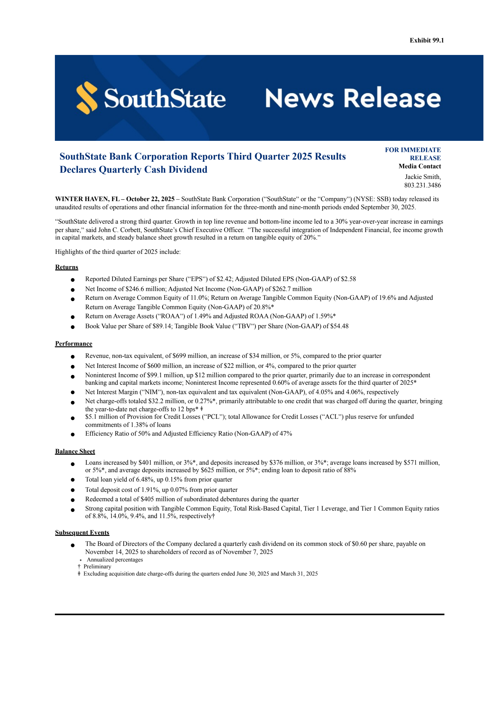 SouthState Bank's Q3 2025 Earnings Release