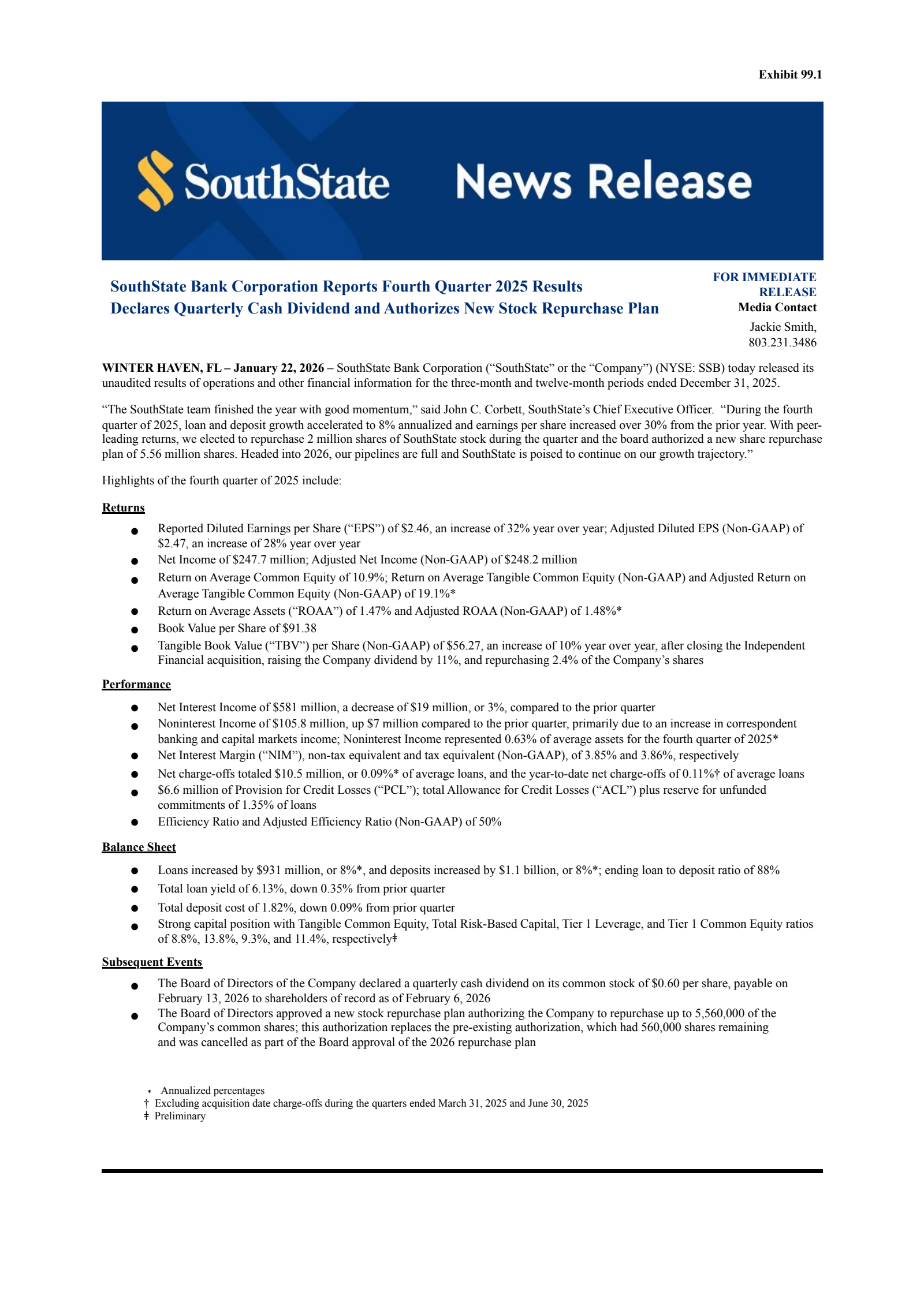 SouthState Bank's Q4 2025 Press Release